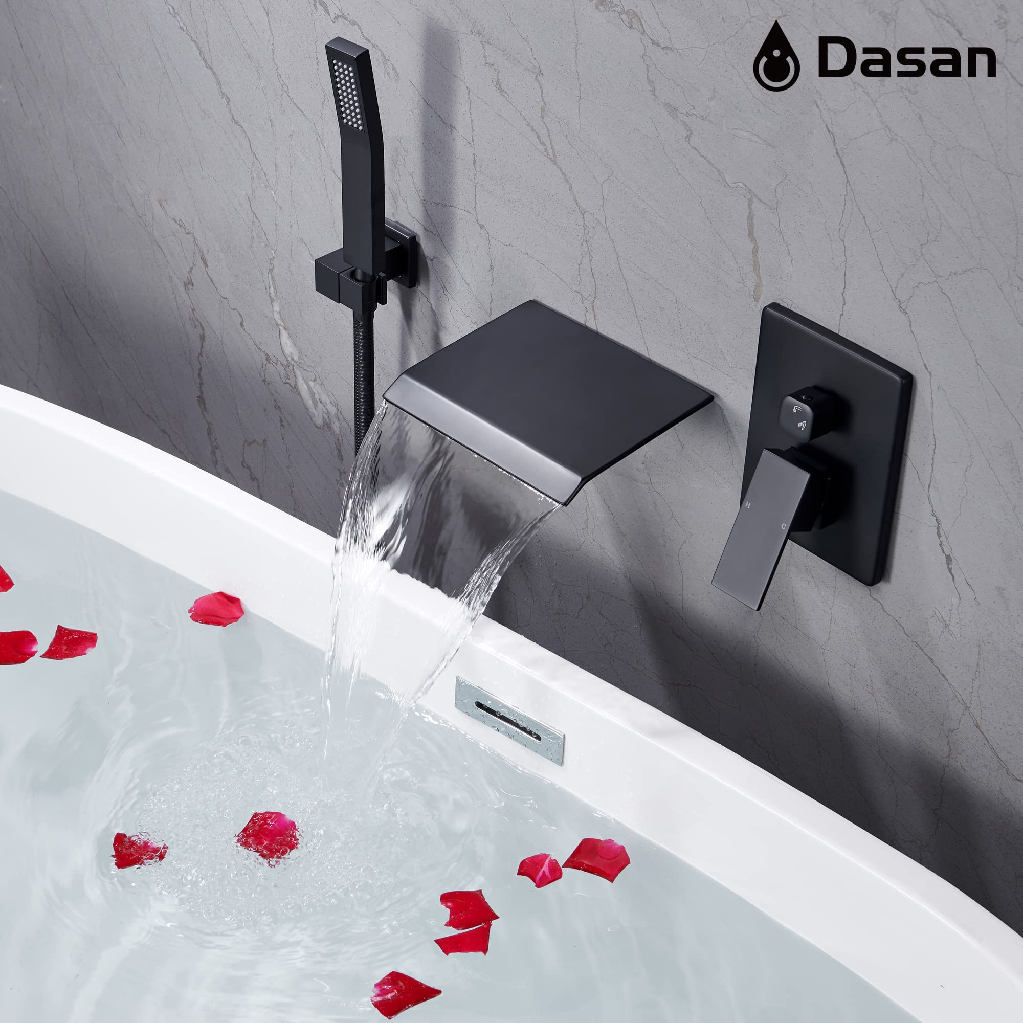 Upgraded Wall Mount Tub Filler Faucet with Handheld Shower, DASAN Modern Wall Mounted Bathtub Faucet Brushed Gold High Flow Waterfall Tub Faucet with Rough in Valve, SA-TF04WH-BG