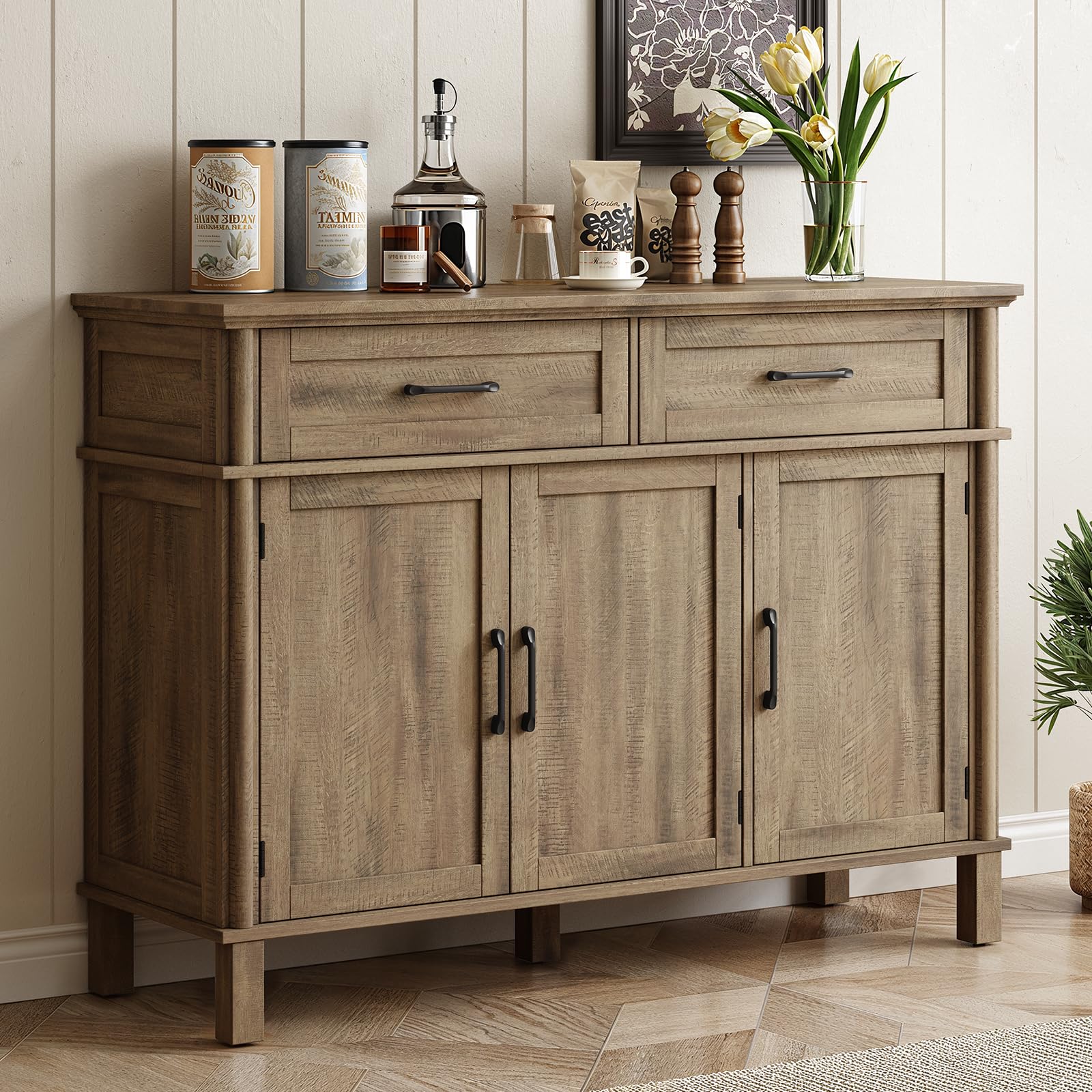ONBRILL 48 Inches Buffet Cabinet with Storage, Farmhouse Sideboard Buffet w/2 Drawers and 3 Doors, Wood Coffee Bar Cabinet with Adjustable Shelves, Sideboard Storage for Kitchen, Living Room, Black