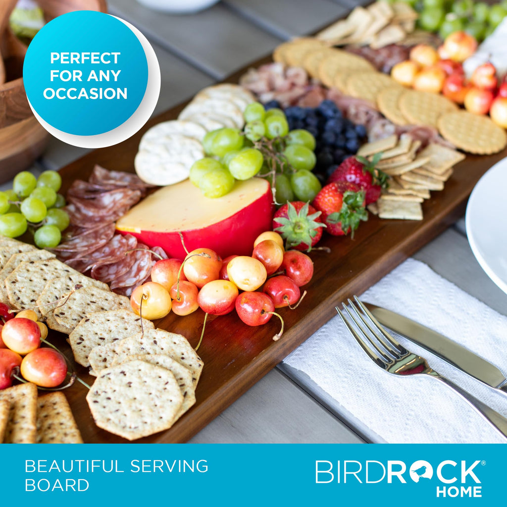 BIRDROCK HOME Acacia Wooden Cheese & Charcuterie Board with Handles 22" | Rectangular Food Platter for Bread, Meat, or Appetizers | Natural Wood Serving Tray Cutting Board for Kitchen & Outdoor Use