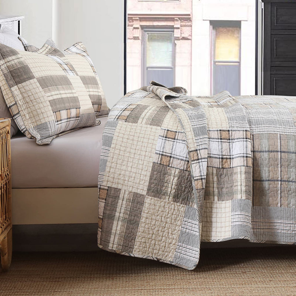 Y-PLWOMEN 100% Cotton Farmhouse Plaid Lightweight 3-Pieces Quilt Set (Blue Brown, Queen90 * 98 Inch)