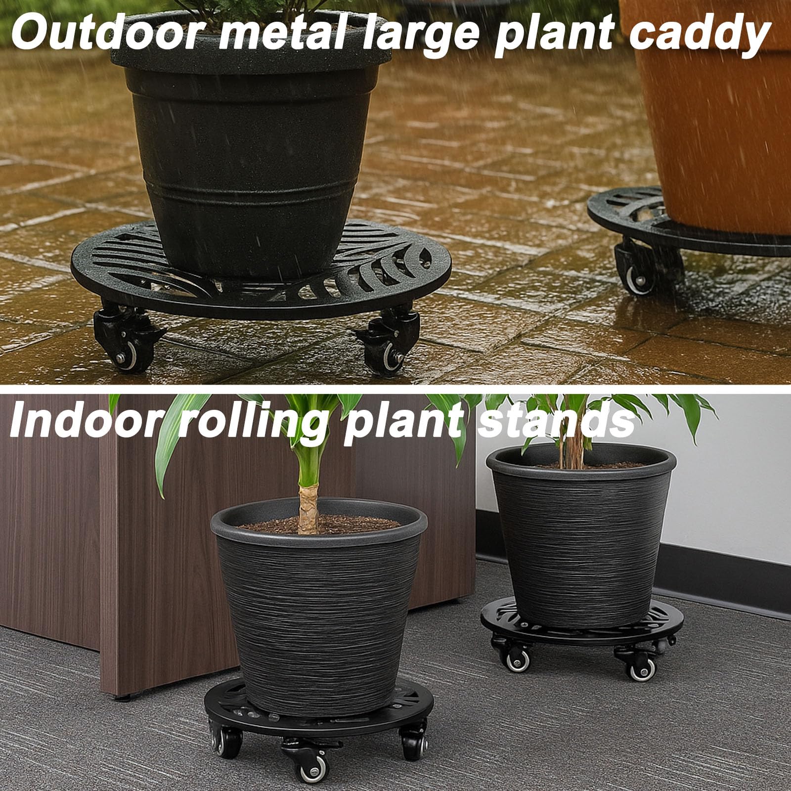 1 Pack 12 inches Large Metal Plant Caddy with 3 PU Metal Wheels Rolling Plant Stand with Casters Indoor Outdoor Wheeled Planter Roller Base Pot Movers Plant Dolly Coaster Trolley Black