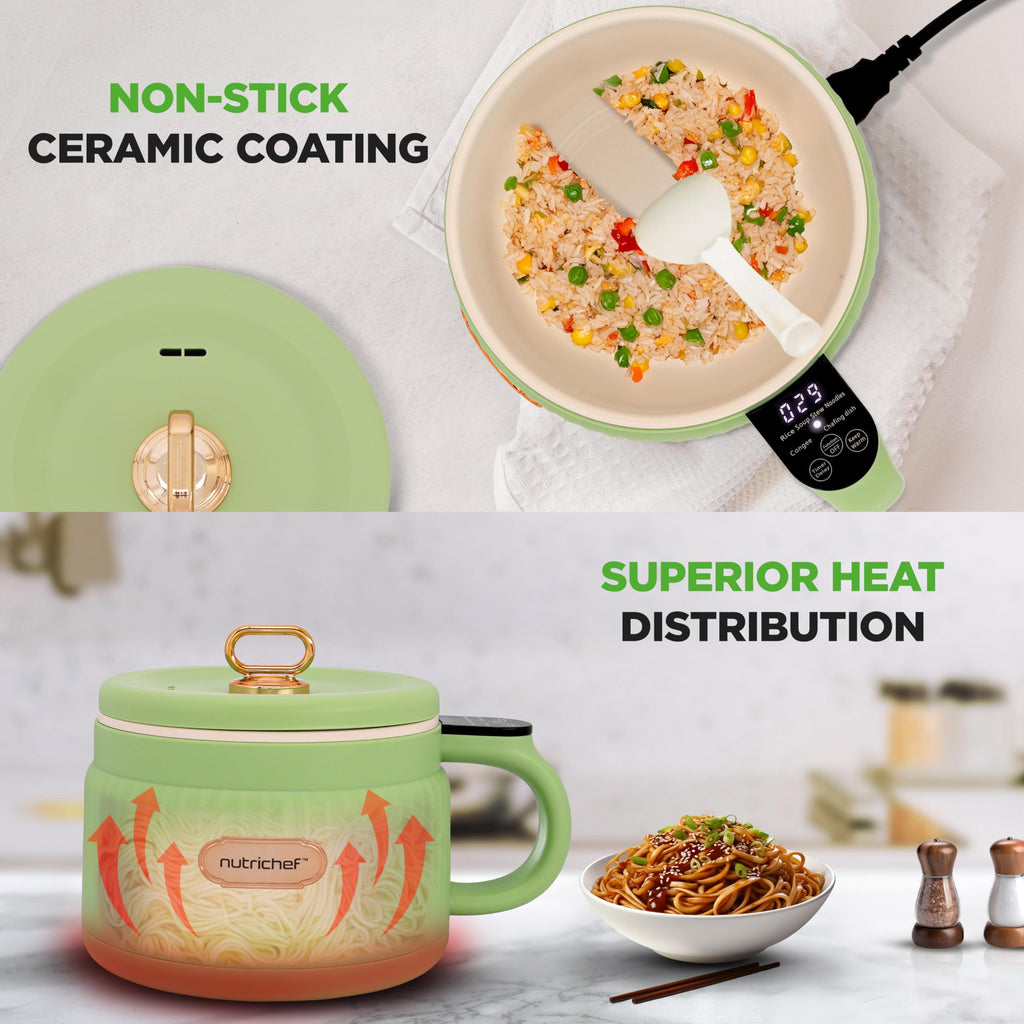 NutriChef 1.6 QT Portable Electric Rice Cooker & Lunch Maker | Multi-Functional & Non-Stick Ceramic Coating | Digital Control Panel | 6 Cook Functions: Rice, Soup, Stew, Porridge & More | Black