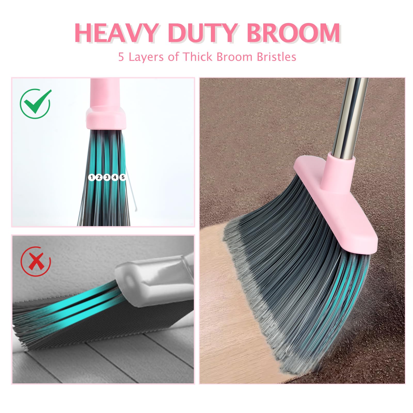 Broom and Dustpan Set with Long Handle, Heavy Dust Broom and Dustpan Combo for Home，Kitchen, Office, Pet Hair(Beige)