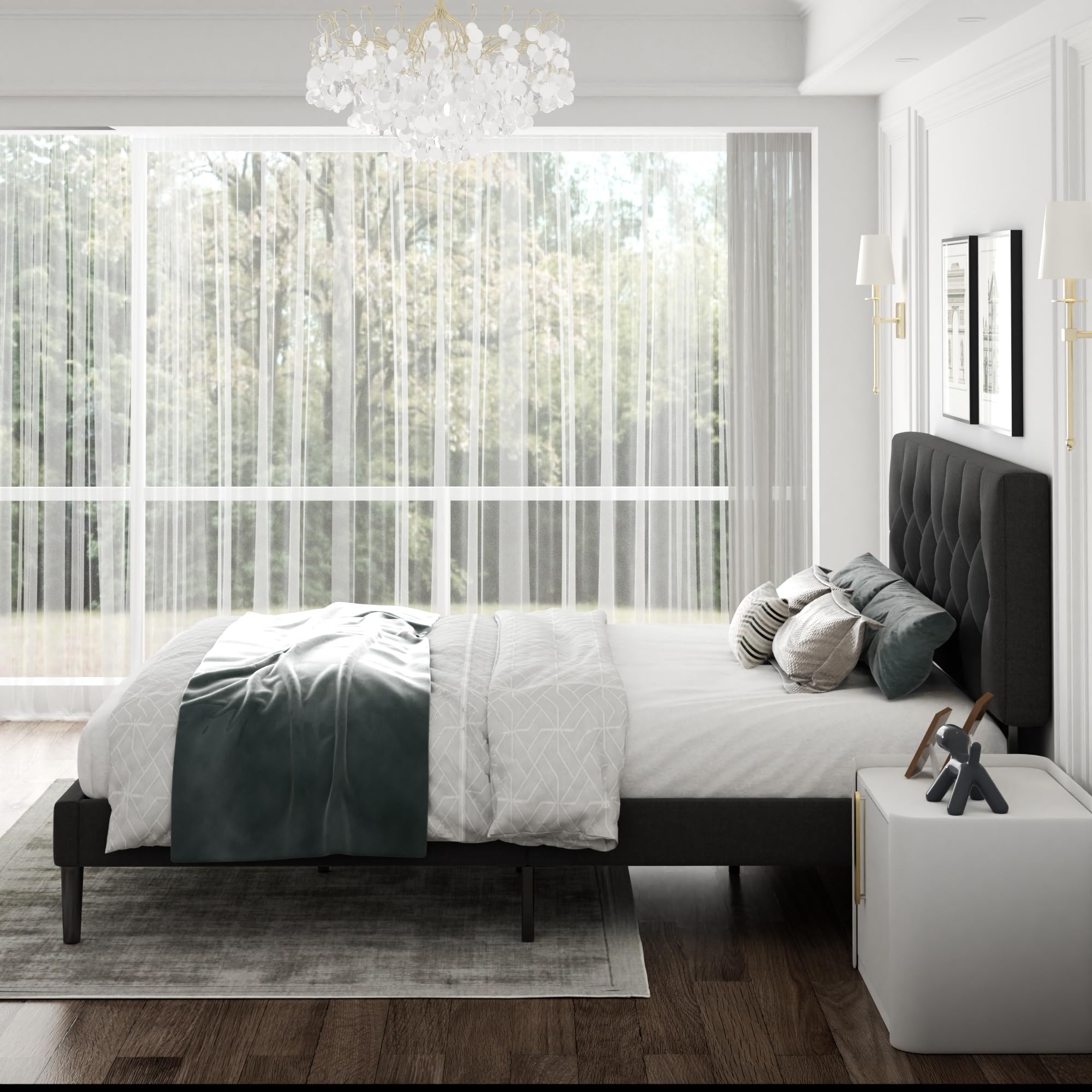 CXVX Full Size Platform Bed Frame with Upholstered Headboard, Button Tufted Design, Strong Wooden Slats, No Box Spring Needed, Easy Assembly, Noise Free