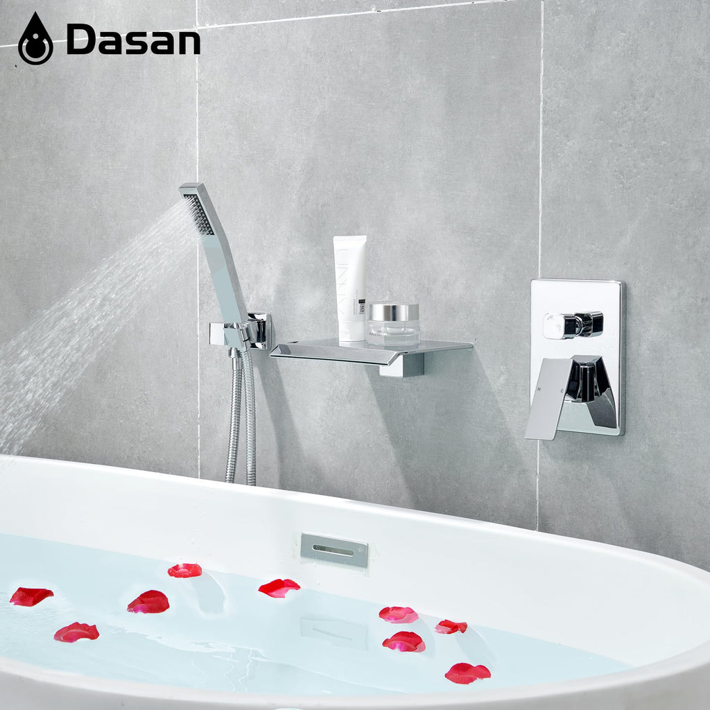 Upgraded Wall Mount Tub Filler Faucet with Handheld Shower, DASAN Modern Wall Mounted Bathtub Faucet Brushed Gold High Flow Waterfall Tub Faucet with Rough in Valve, SA-TF04WH-BG