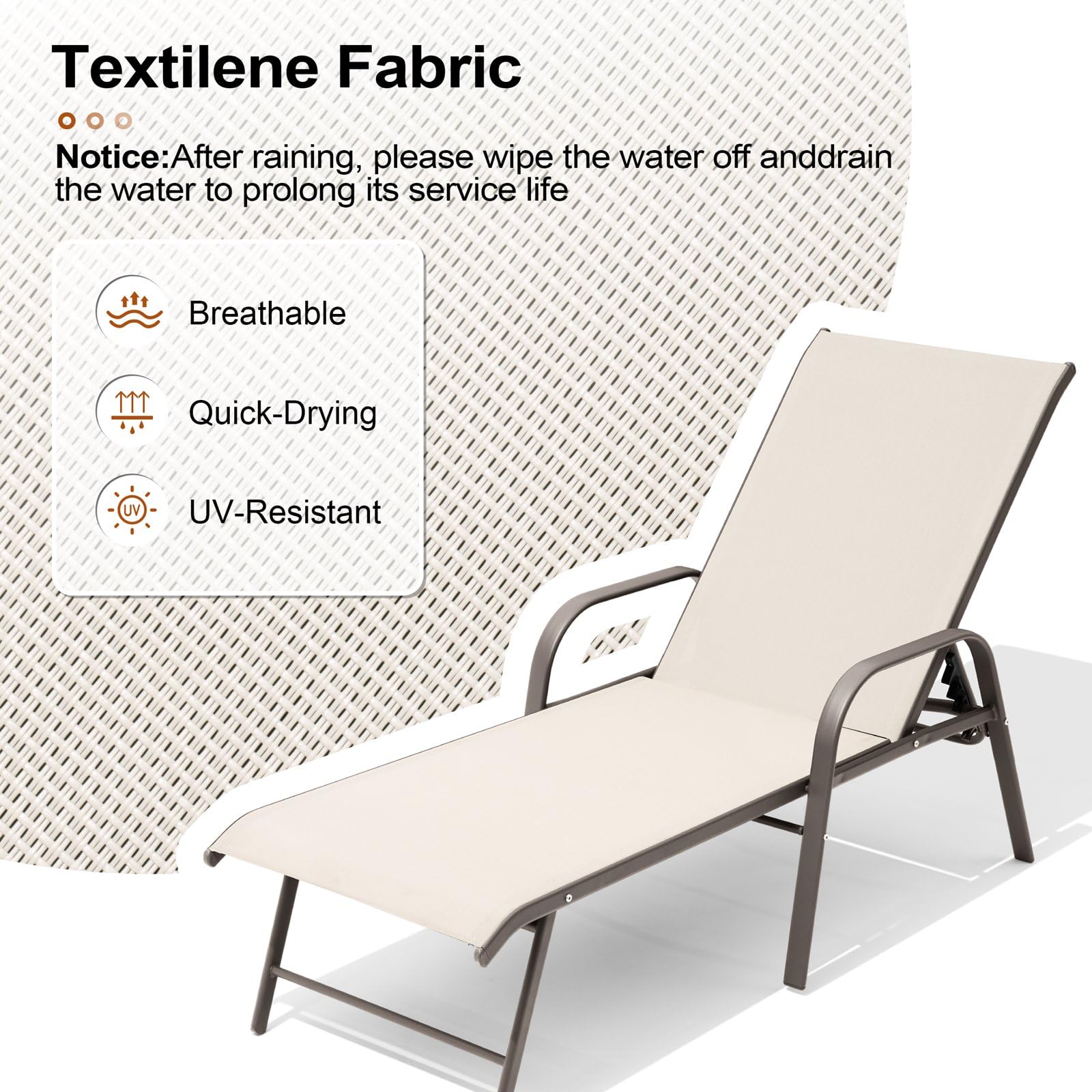 Crestlive Products Chaise Lounge Chair Outdoor with Armrests, Pool Lounge Chairs Set of 2, Aluminum Adjustable 5 Positions Sun Tanning Lounger for Patio, Poolside, Yard, Deck, Backyard (Beige)
