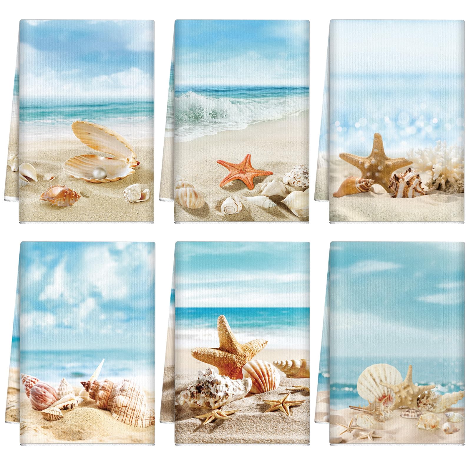 Breling Set of 6 Summer Beach Kitchen Towels Coastal Dish Towel Bathroom Decorative Sea Palm Trees Cloths for Kitchen Bathroom Home Cooking Housewarming Gifts, 14 x 21 Inch