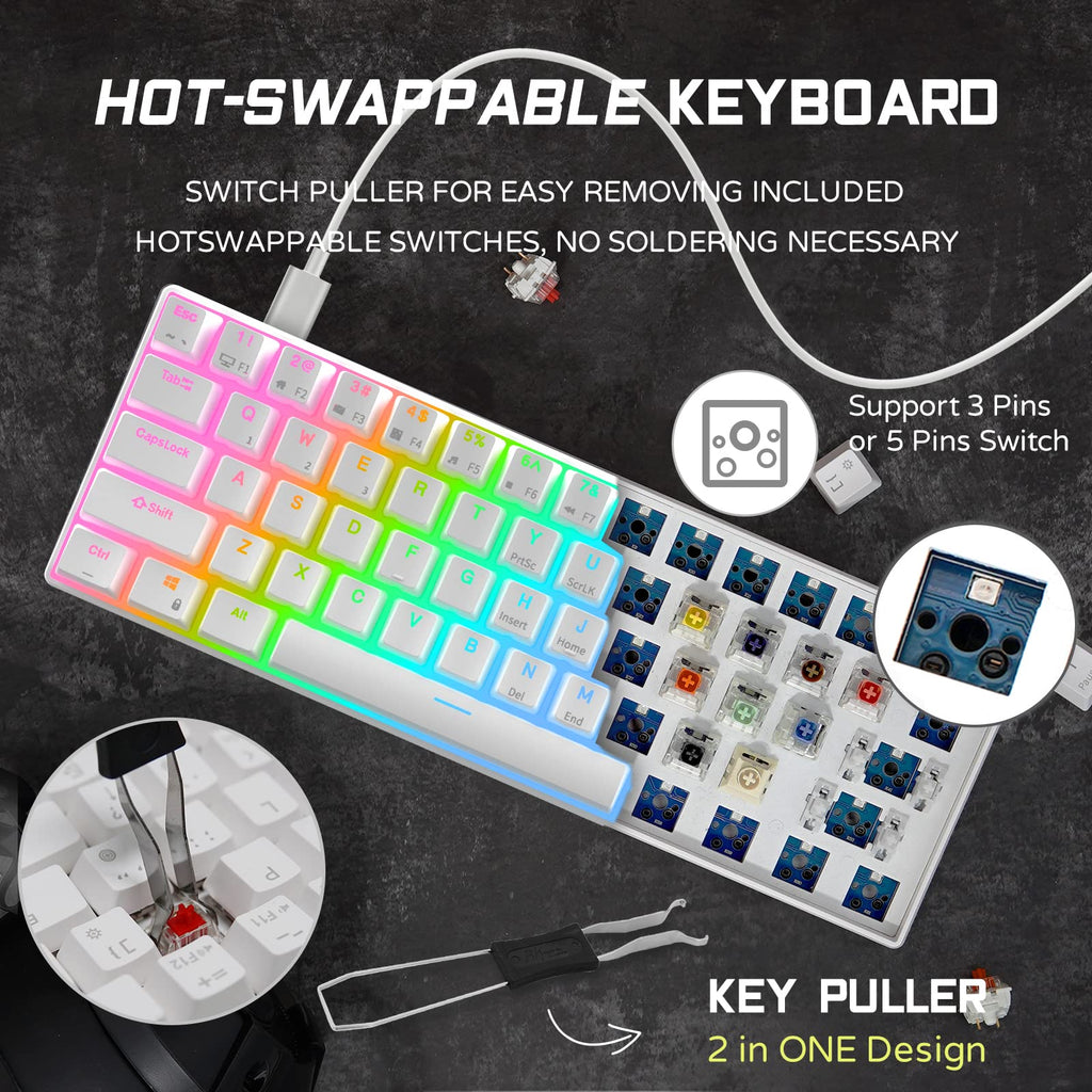 RK ROYAL KLUDGE RK61 Wired 60% Mechanical Gaming Keyboard Programmable QMK/VIA RGB Backlit 61 Keys Ultra-Compact Hot Swappable Brown Switch Black