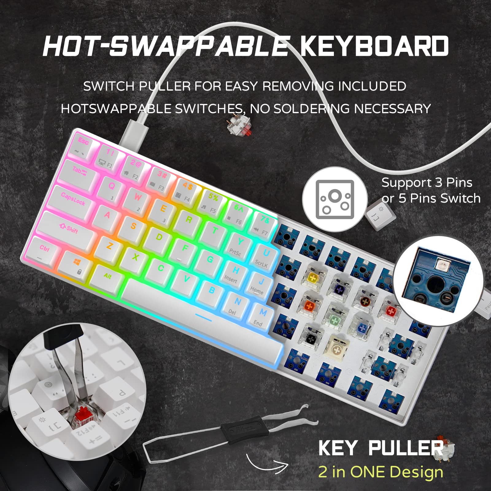RK ROYAL KLUDGE RK61 Wired 60% Mechanical Gaming Keyboard Programmable QMK/VIA RGB Backlit 61 Keys Ultra-Compact Hot Swappable Brown Switch Black