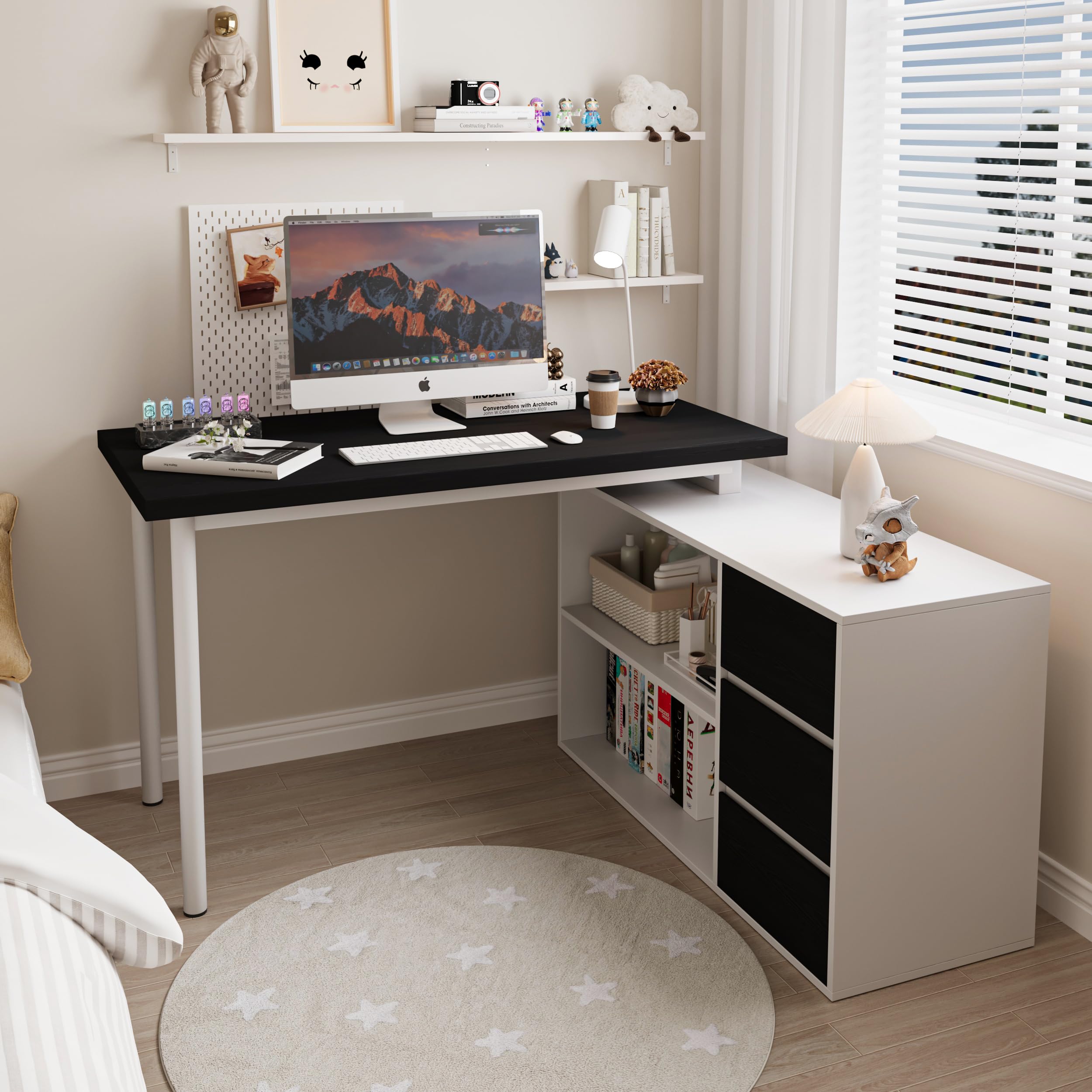 Bobve L Shaped Computer Desk, 47 Inch Home Office Desk with File Drawers & Storage Shelves, Small Corner Computer Desk for Small Space (Black + White)