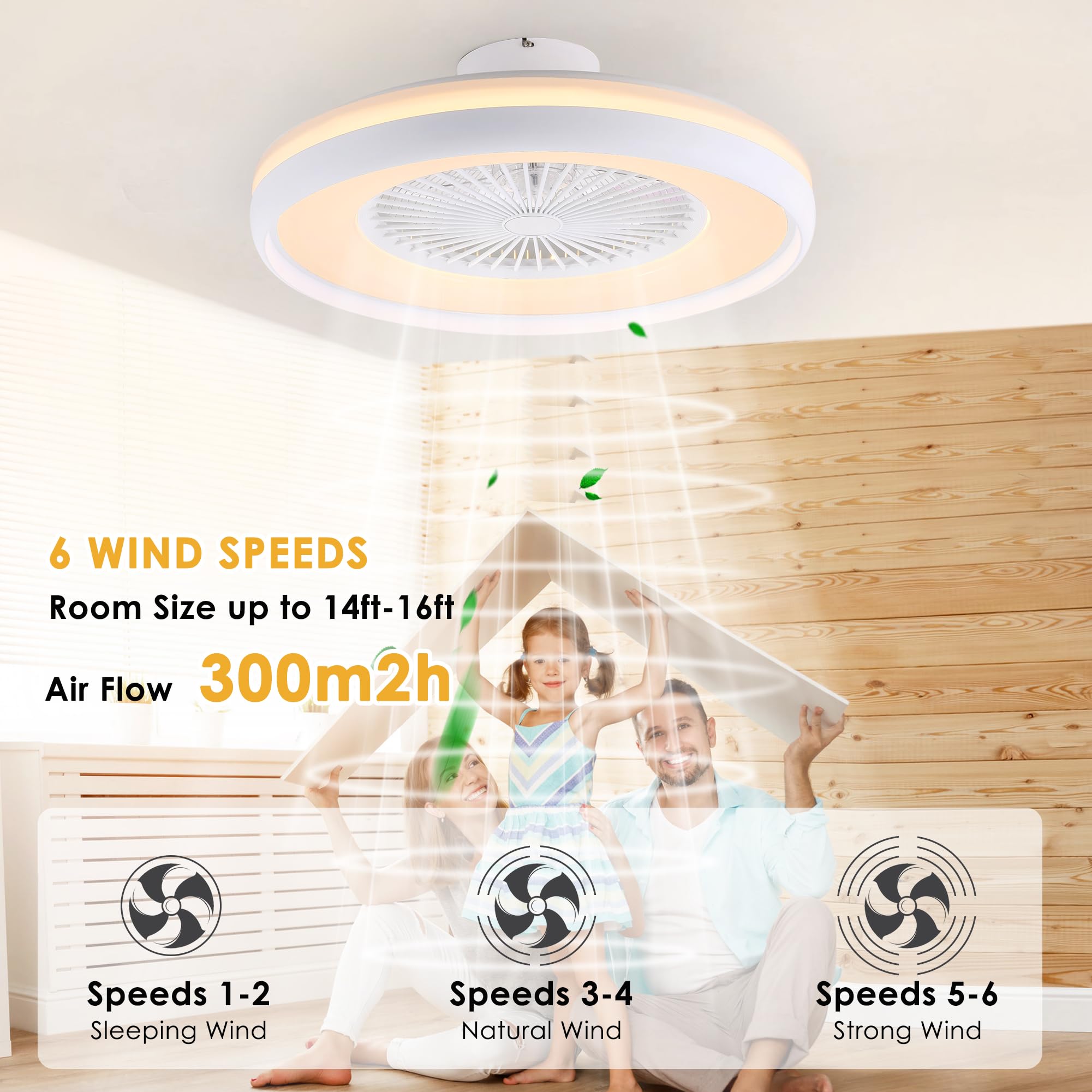 24" Bladeless Ceiling Fan with Light Remote, Smart LED Ceiling Fans with App Control, Modern Low Profile Dimmable Light Ceiling Fan for Bedroom Living Room Gold