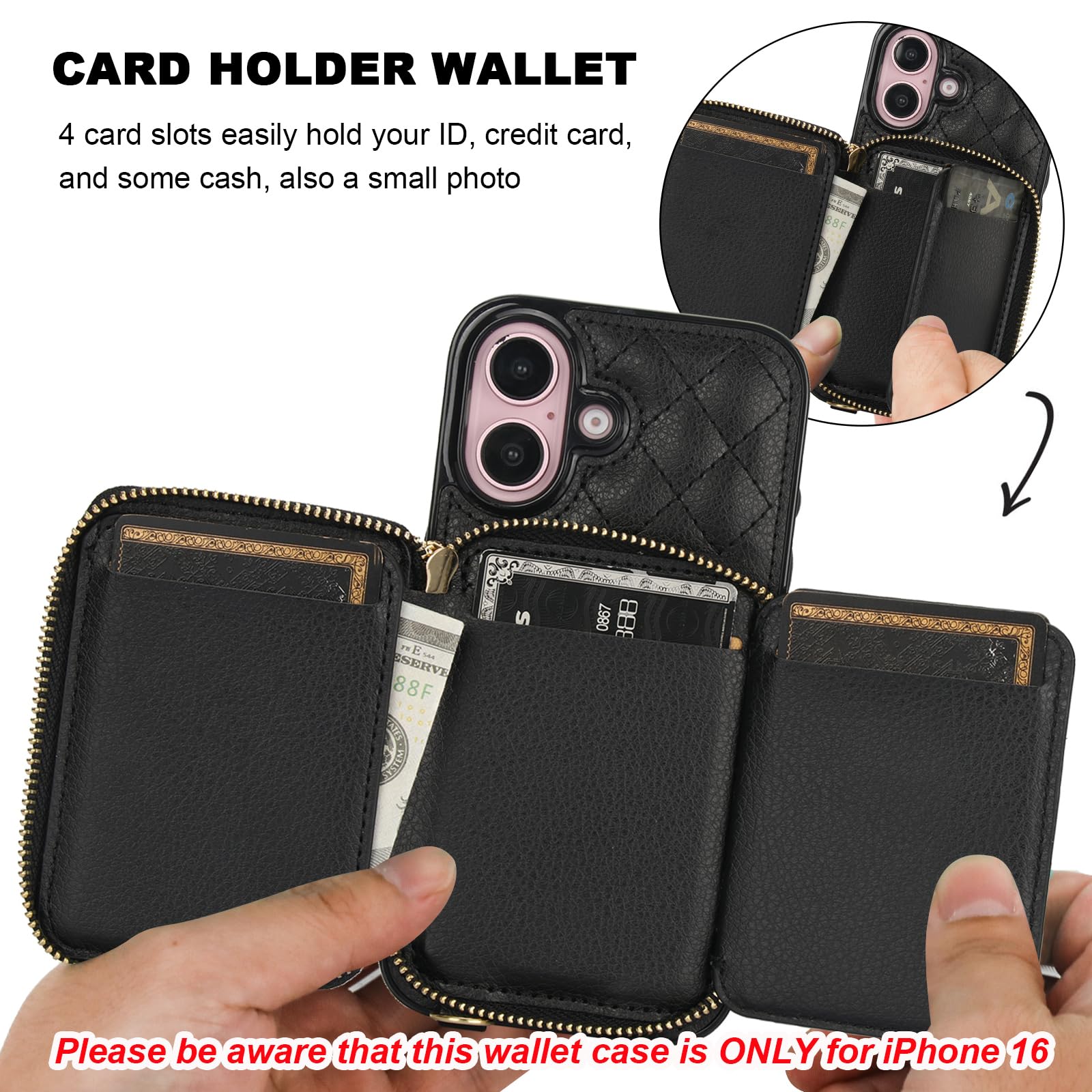 Bocasal Crossbody Wallet Case for iPhone 16, RFID Blocking PU Leather Zipper Handbag Purse Flip Cover, Kickstand Folio Case with Card Slots Holder Wrist Strap Lanyard 5G 6.1 Inch (Black)