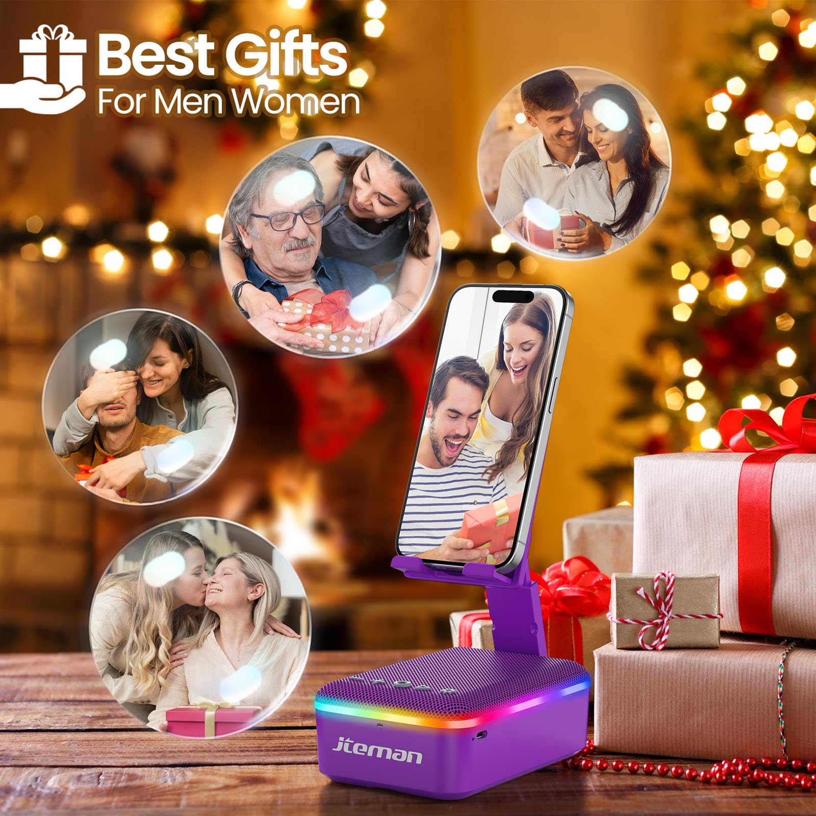 JTEMAN Gifts for Men Women,Cell Phone Stand with Bluetooth Speaker,LED Light,and Lanyard,Cool Tech Gadgets,Unique Birthday Gifts for Men Husband Mom Dad