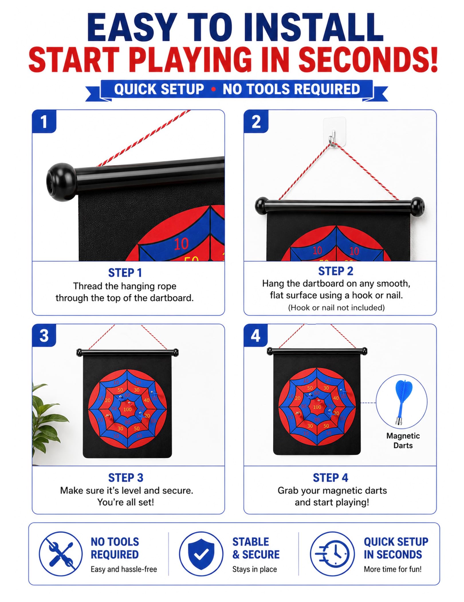 Magnetic Dart Board for Kids, Teens, Adults, Double-Sided Roll-Up Dart Board Games for Kids Age 3-18 with 12 Magnetic Darts, Indoor Outdoor Boys Toys for Backyard, Gifts for Teen Boys
