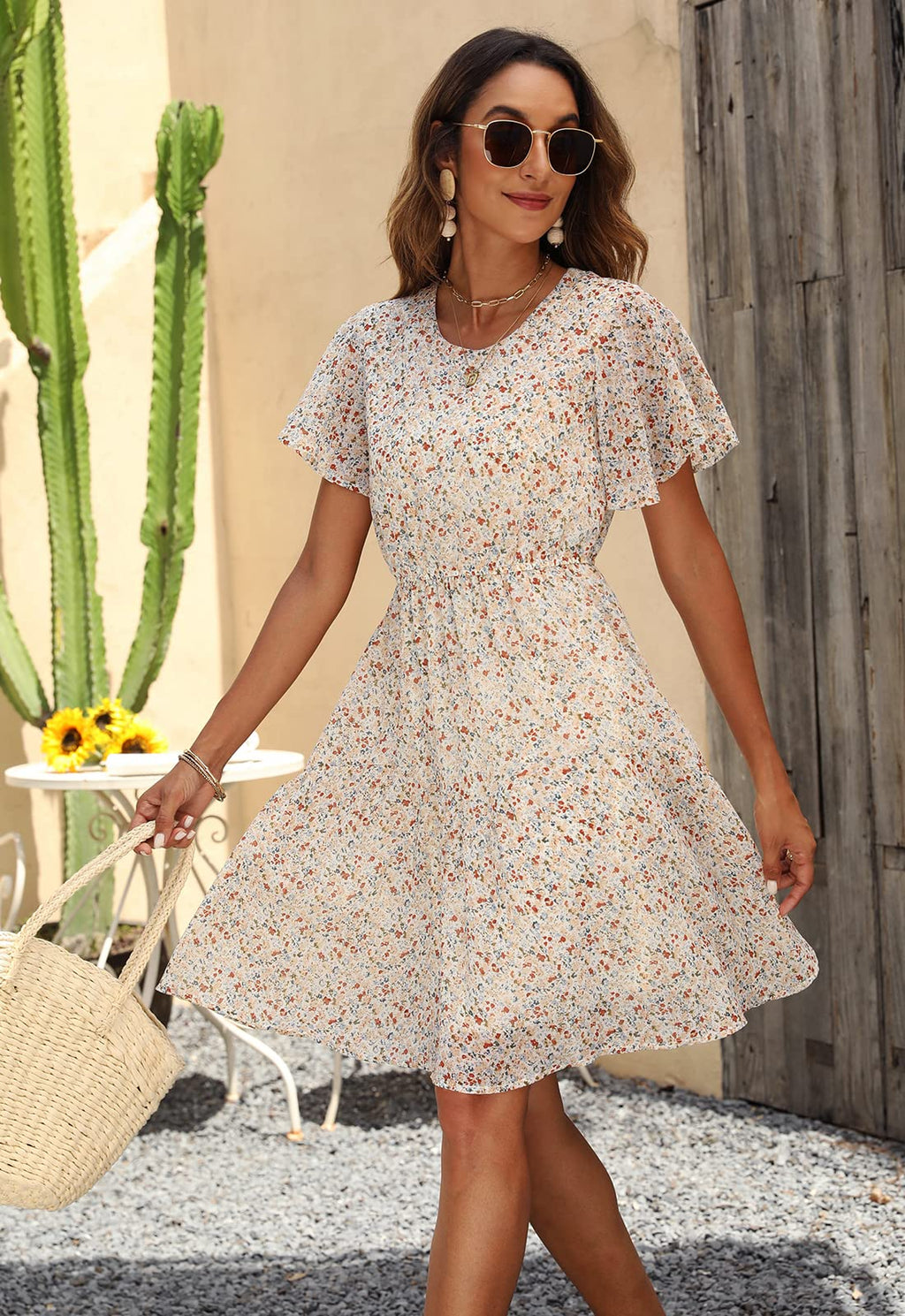 Manydress Women's Chiffon Floral Dresses Casual Summer Boho Flutter Sleeve Flowy Skater Western Dress MY112