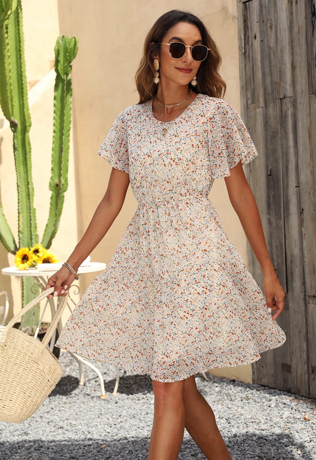 Manydress Women's Chiffon Floral Dresses Casual Summer Boho Flutter Sleeve Flowy Skater Western Dress MY112