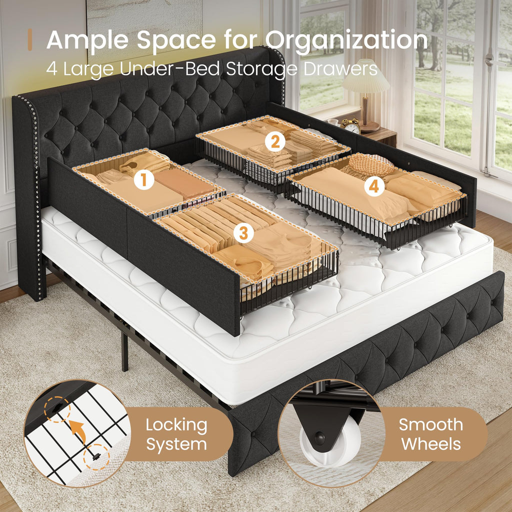 BRELTAM Full Size Bed Frame with Storage Drawers and Wingback Headboard Linen Upholstered Platform Bed Frame Tufted Beds with Heavy Duty Wood Slats, Noise Free, Easy Assembly, Beige