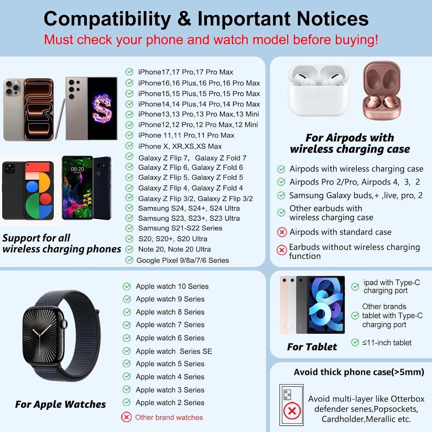 Wireless Charger 4 in 1 for Apple Charging Station for iPhone 17 Pro Max/16/15 Series, AirPods Pro 2, iPad Stand, Watch Charger for iWatch Series 10/9/8, Wireless Charging Station for Multiple Devices