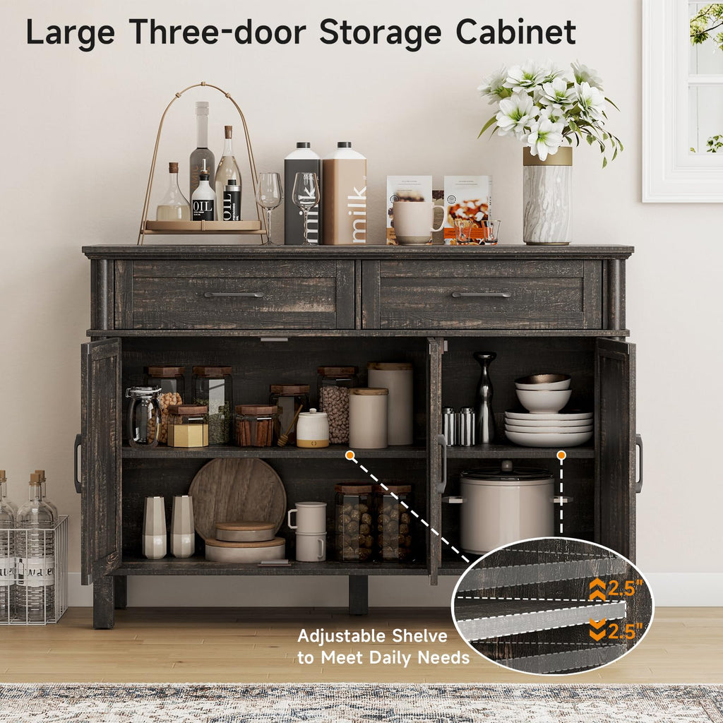 ONBRILL 48 Inches Buffet Cabinet with Storage, Farmhouse Sideboard Buffet w/2 Drawers and 3 Doors, Wood Coffee Bar Cabinet with Adjustable Shelves, Sideboard Storage for Kitchen, Living Room, Black