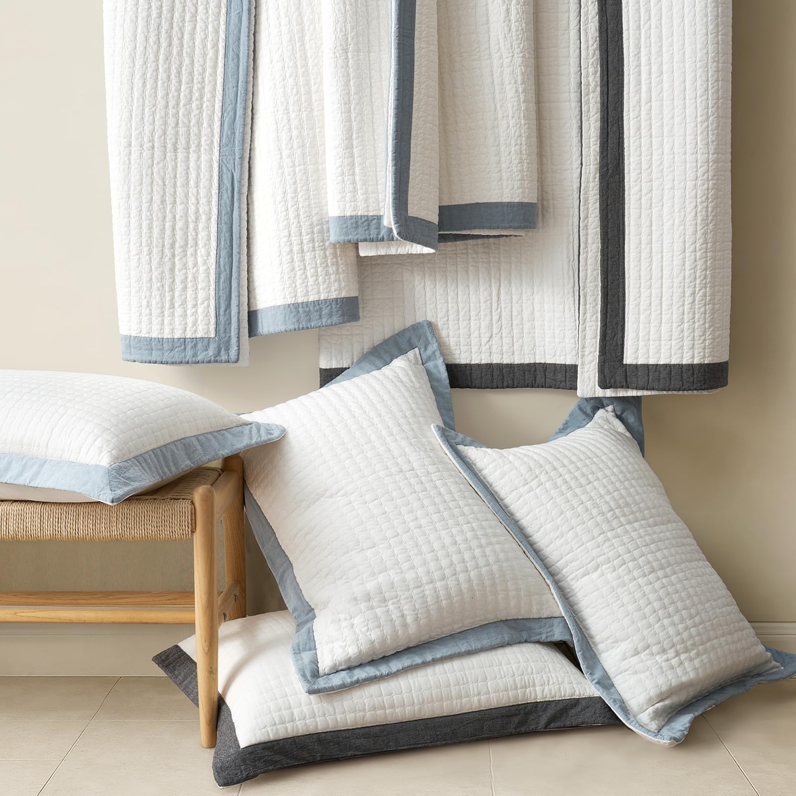 EVERGRACE Cotton Border Frame Tack-Stitch Quilt Bedding Set Queen Size, Coastal Oversized 3 Pieces Lightweight Bedspread Coverlet for All Season, with 2 Matching Shams, Blue Linen