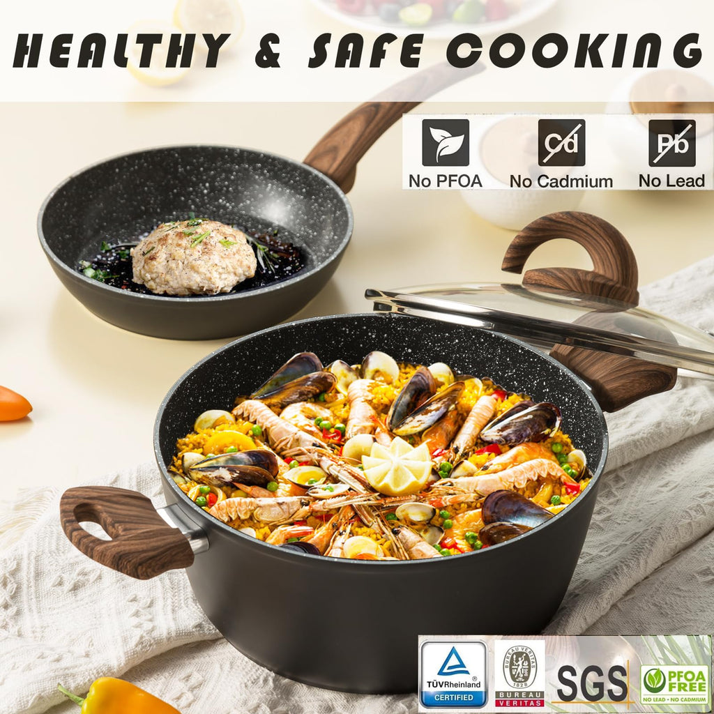 Vkoocy Pots and Pans Set Non Stick, Ceramic Cookware Set with Granite Pattern Kitchen Cooking Sets Induction Pot and Pan w/Frying Pans, Saucepans, Casserole, Non-Toxic, PTFE/PFOA/PFOS-Free, Black