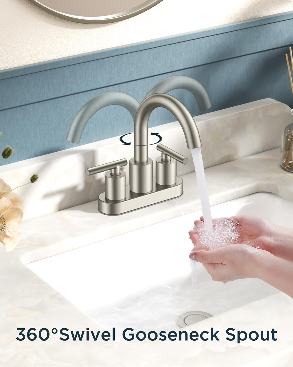 FORIOUS 4" Brushed Gold Bathroom Faucet Centerset 4 Inch, 2 Handle 2 Hole Gold Faucets for Bathroom Vanity wtih Metal Pop Up Dain, CUPC Supply Hose, High Arc Swivel Spout