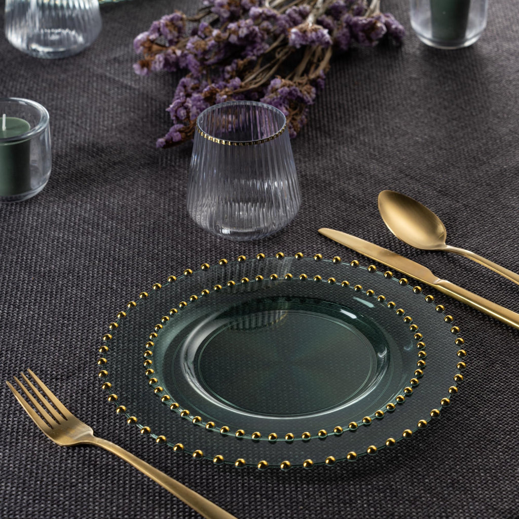 PLASTICPRO 32 Piece Combo Plastic Dinner Plates Disposable Plastic Fancy Heavy Duty Party Dishes 7 inch and 10 inch, Black and Gold Beaded