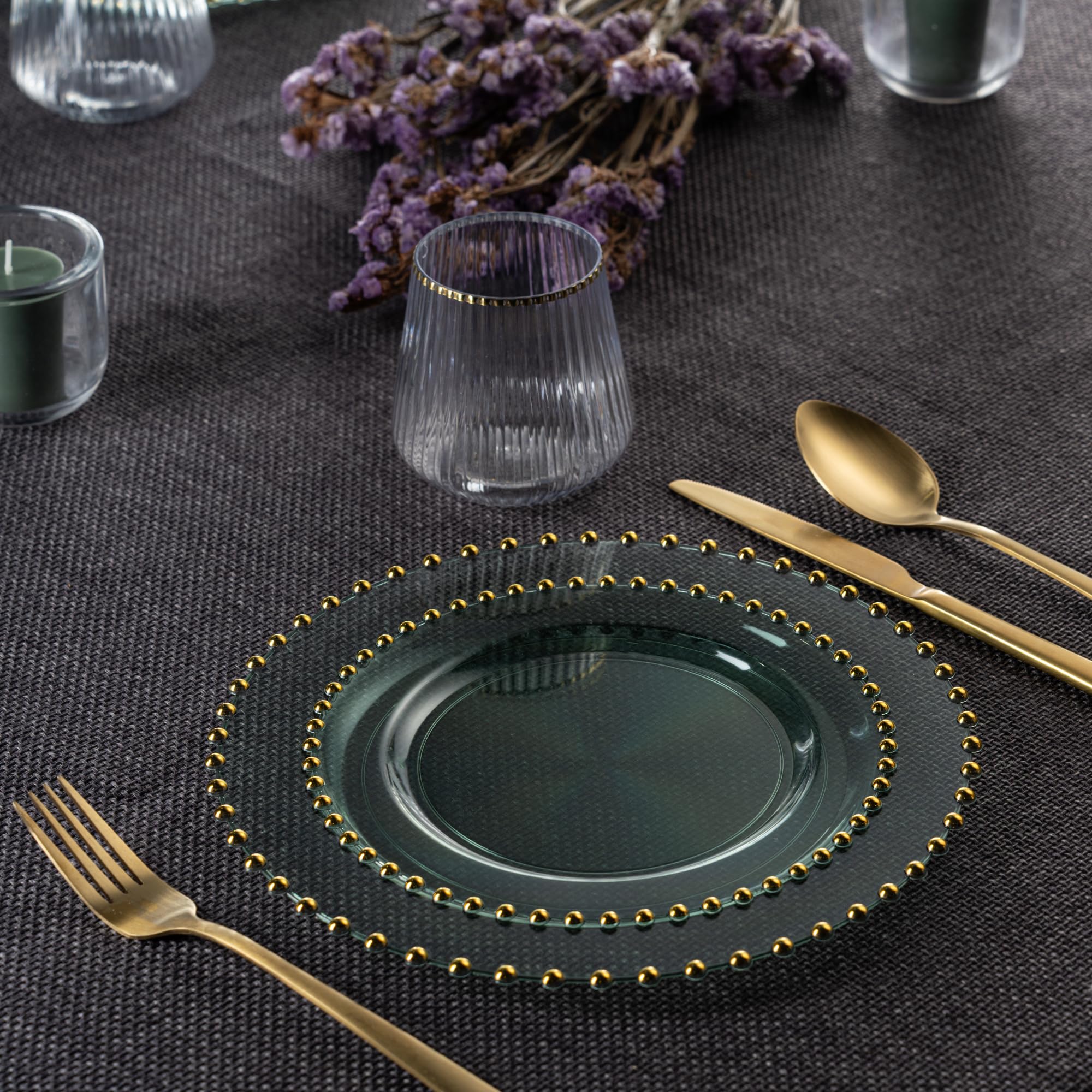PLASTICPRO 32 Piece Combo Plastic Dinner Plates Disposable Plastic Fancy Heavy Duty Party Dishes 7 inch and 10 inch, Black and Gold Beaded
