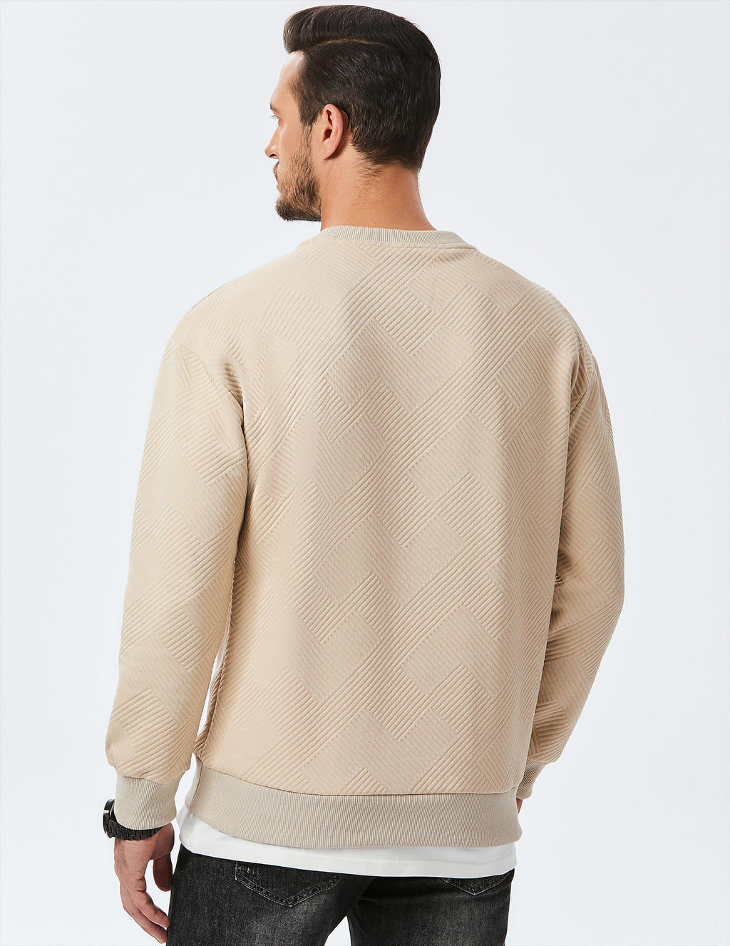 Dokotoo Men Men's Crewneck Sweatshirts Soild Color Geometric Texture Long Sleeve Casual Pullover Shirt