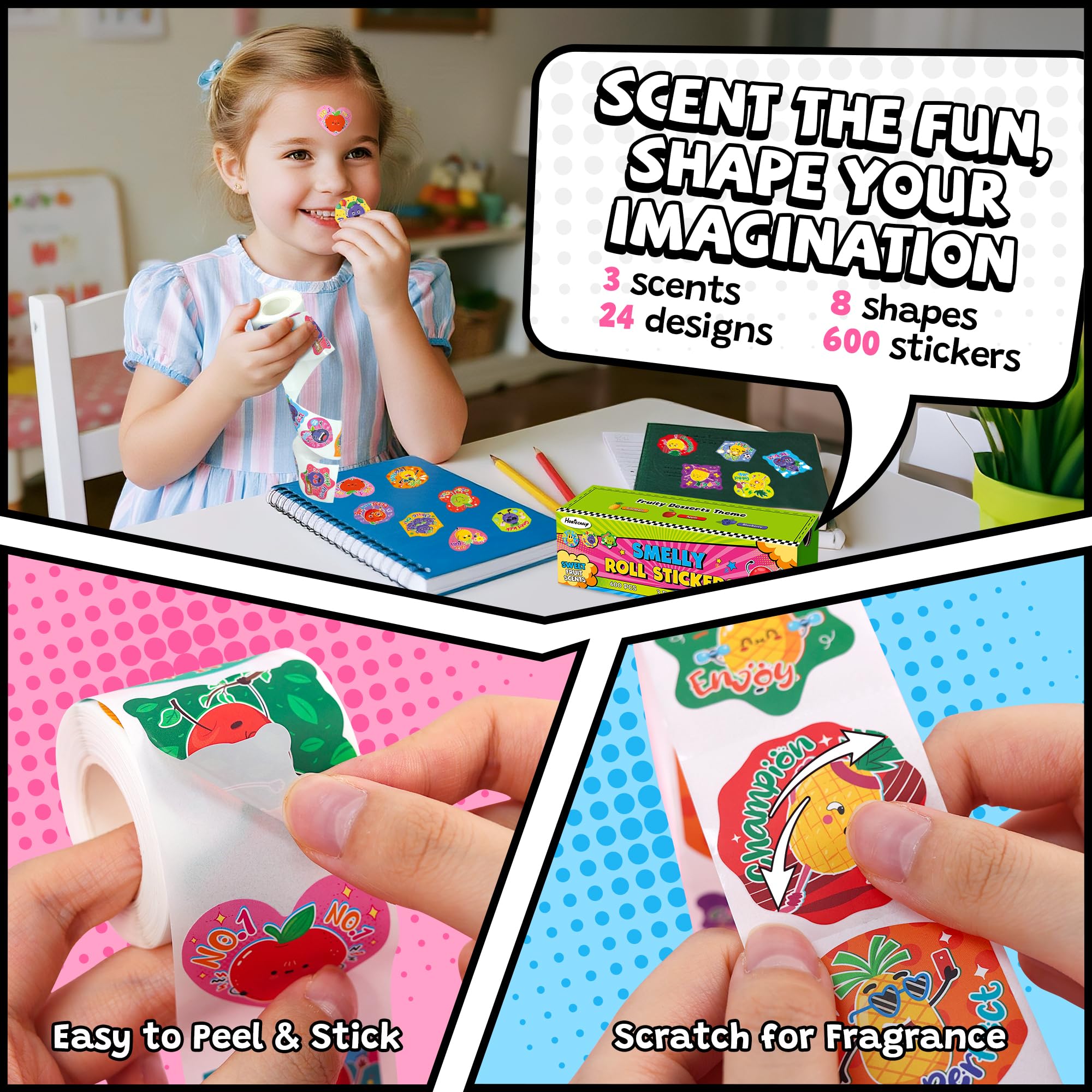 HORIECHALY 3 Rolls Scratch and Sniff Stickers for Kids, 600PCS Smelly Scented Stickers, Kid's Reward Sticker, Classroom Teacher Must Haves, School Supplies Incentives Christmas Children‘s Gift-1.57''