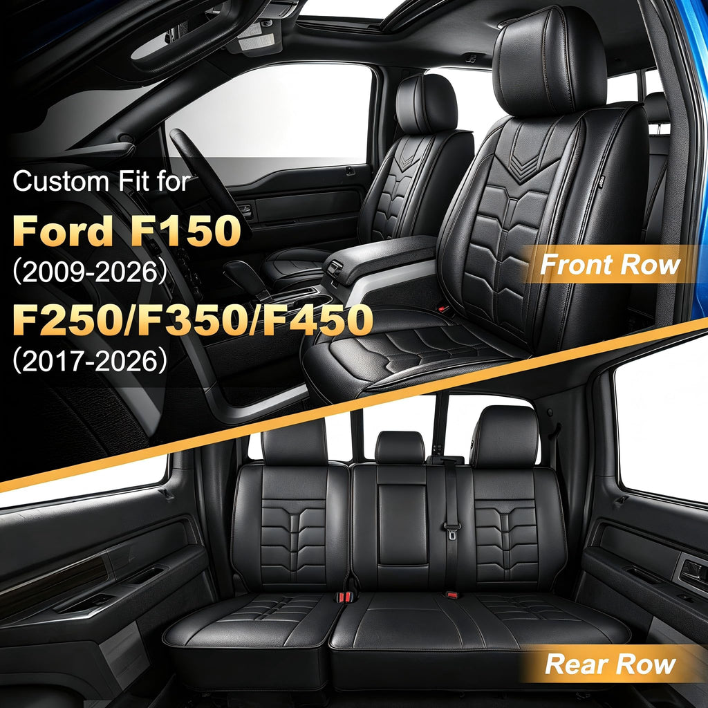 AOMSAZTO Seat Covers Fit for Ford F150 : 2009-2024 2025 2026 - F250/F350/F450 2017-2024 2025 2026 Truck Pick-up Front Car Seat Covers Faux Leather(Blackline, 2PCS Front)