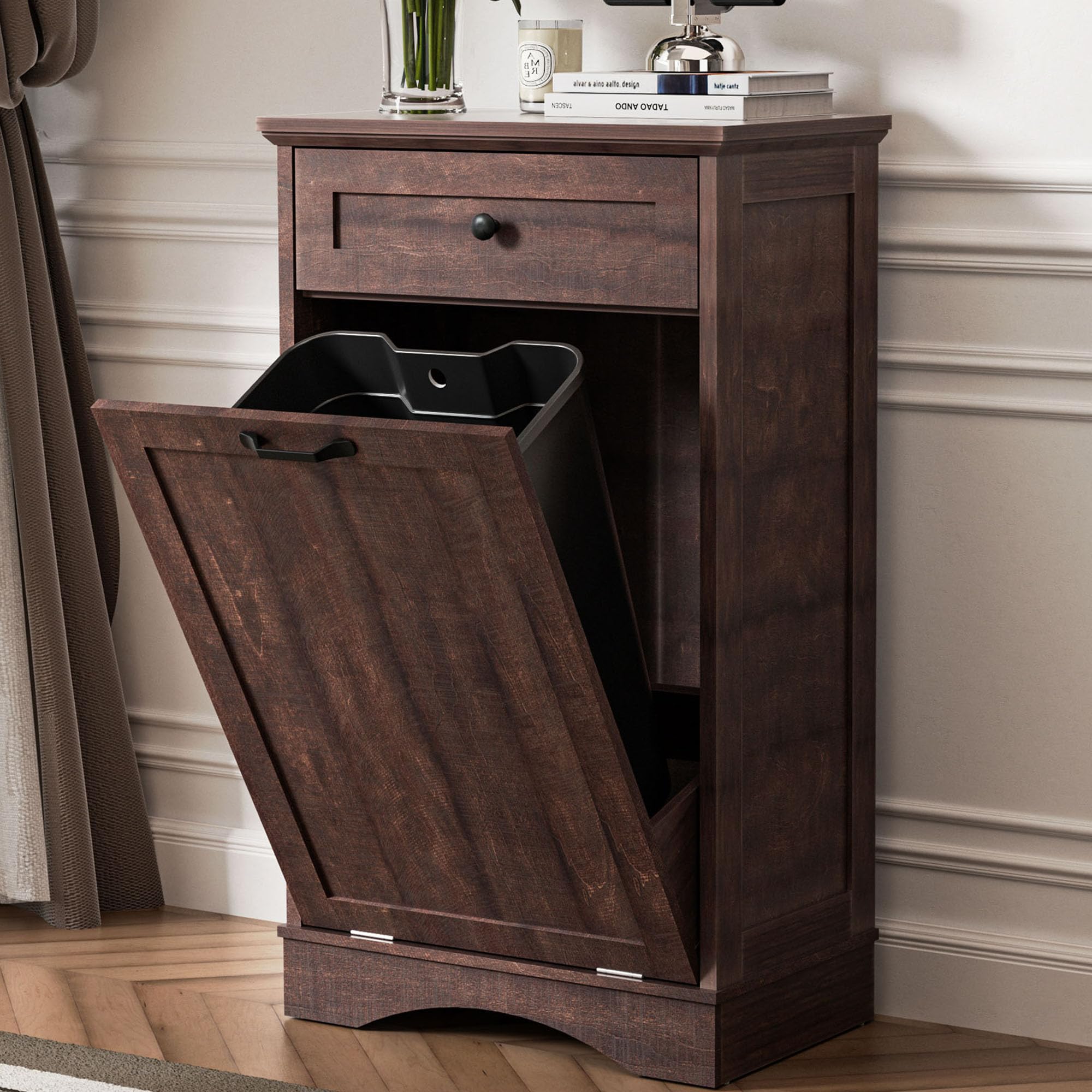 AHB Double Tilt Out Trash Can Cabinet Freestanding Kitchen Trash Can, 2x13 Gallons Hidden Garbage Recycling Cabinet with Hideaway Drawers Pet Proof Trash Can Holder for Kitchen, Antique White