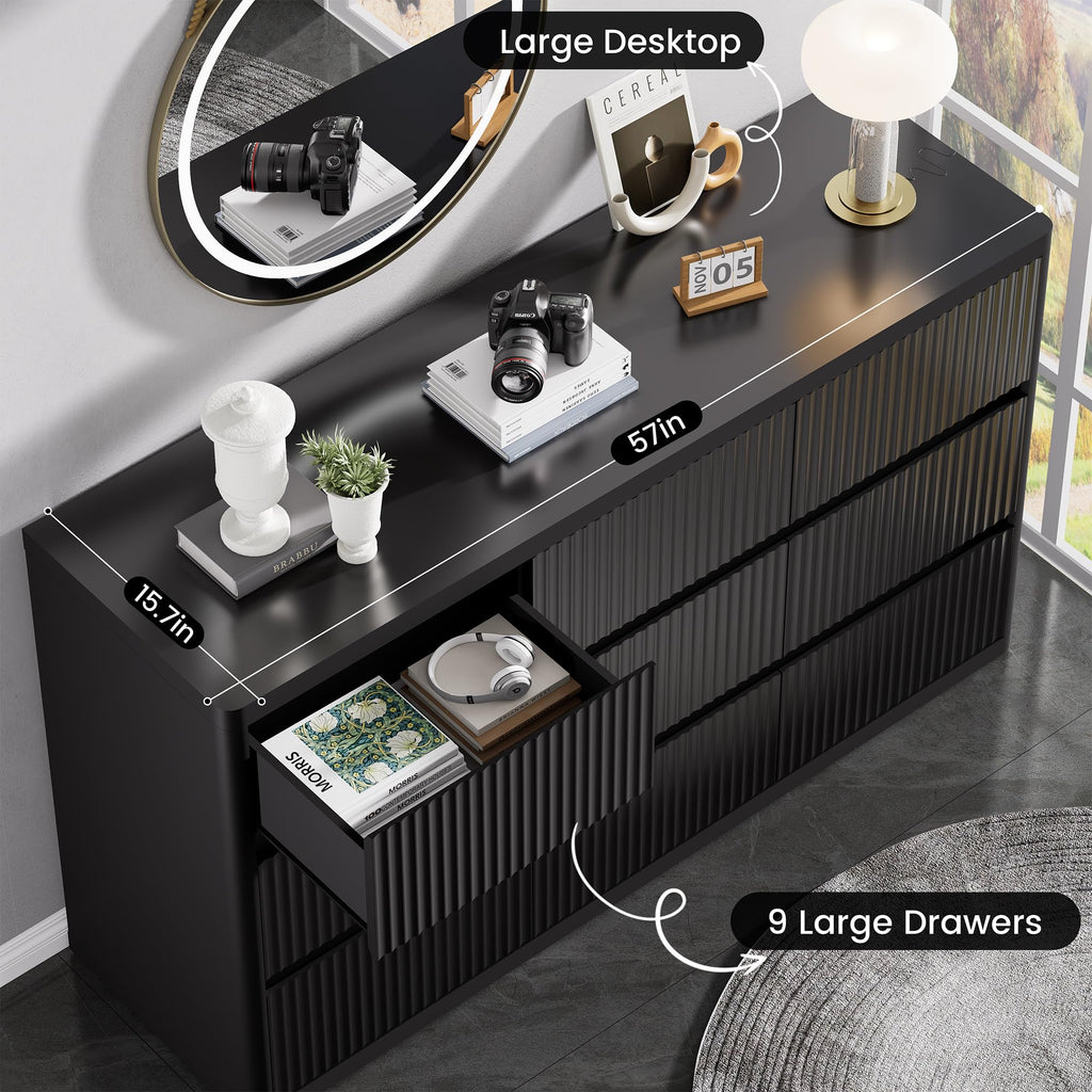 Standifurno Black 56" Tall Dresser for Bedroom, Fluted Modern 6 Drawers Deep Dressers, Wood Chest of Drawers with Handleless, Curved Profil Storage Closet Dressers for Bedroom, Living Room, Hallway