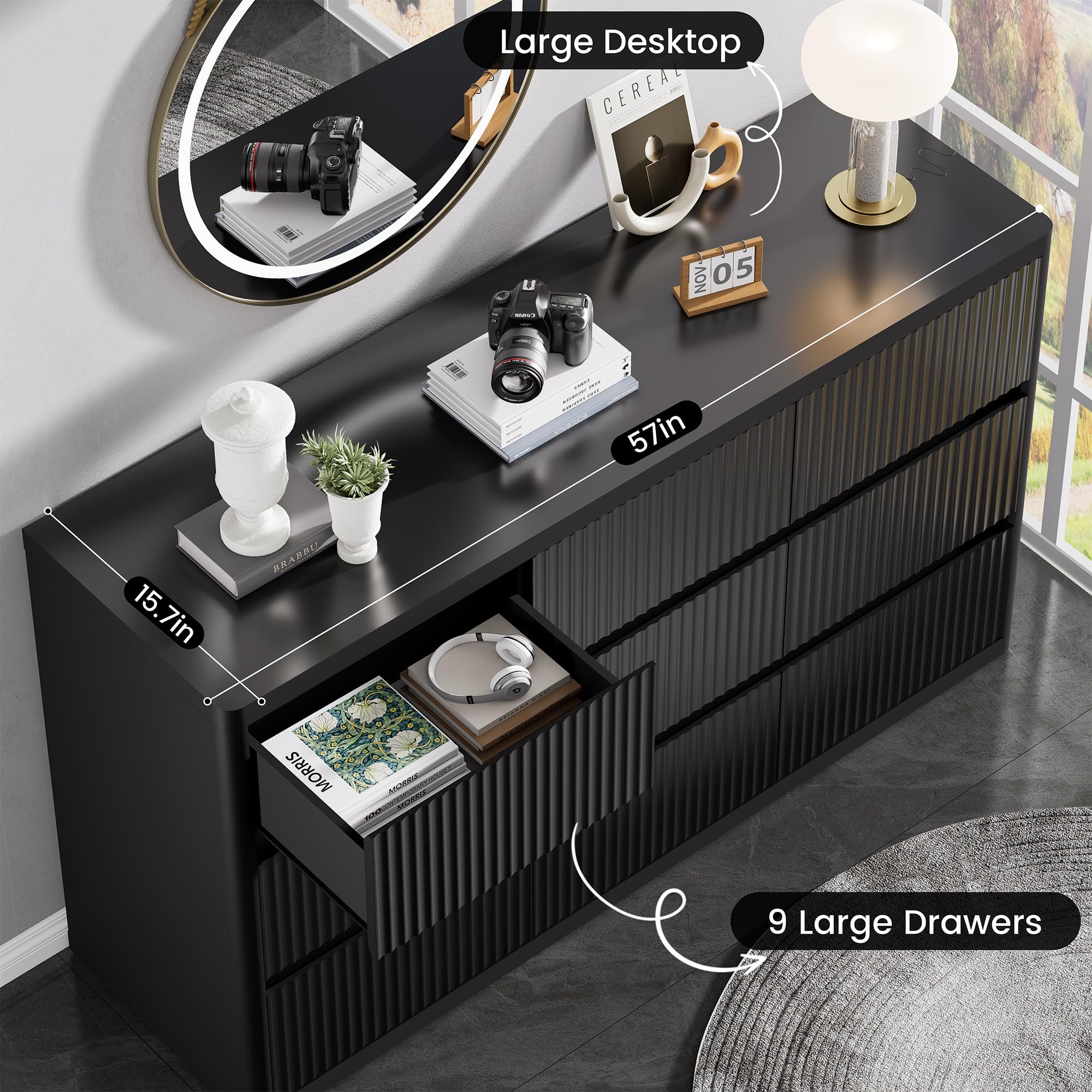Standifurno Black 56" Tall Dresser for Bedroom, Fluted Modern 6 Drawers Deep Dressers, Wood Chest of Drawers with Handleless, Curved Profil Storage Closet Dressers for Bedroom, Living Room, Hallway