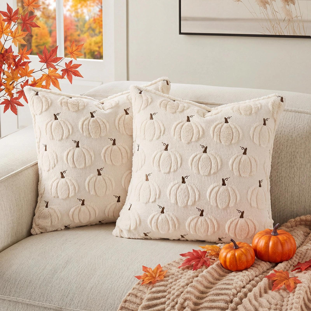 Fall Beige Pillow Covers 18x18 Set of 2 Double-Sided Pumpkin Plush | Boho farmhouse comfort with raised Autumn pumpkin embroidery, designed for living rooms, sofas, and cozy fall home decor.