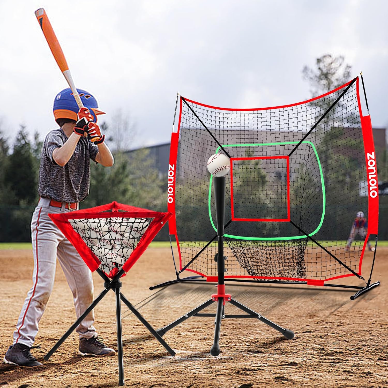 ZONLOLO 6x6ft Portable Baseball & Softball Net for Hitting，Pitching and Throwing, with Sturdy Bow Frame,Battting Tee,Ball Caddy and 2 Strike Zones, Perfect Pitching net for Kids!