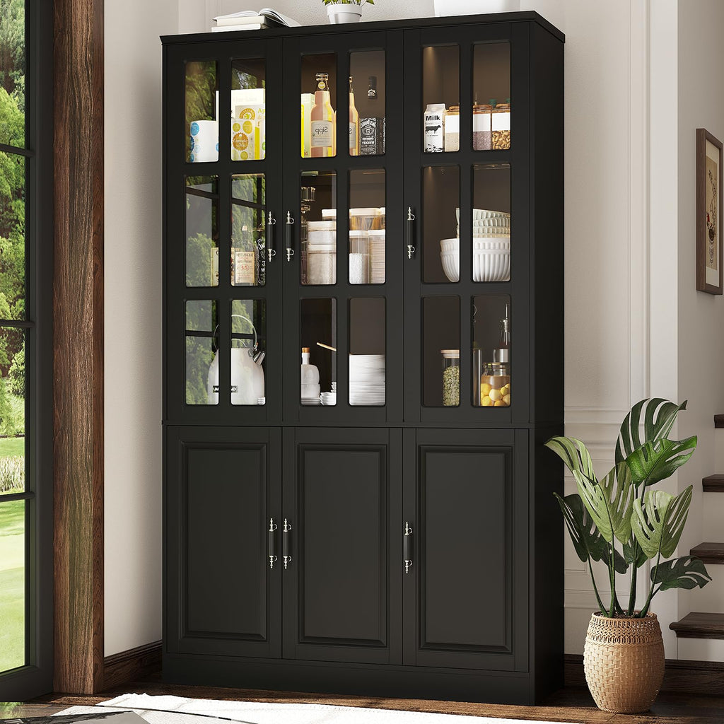 MEISSALIVVE Kitchen Pantry Storage Cabinet with LED Lights, 78.7" Tall with Glass Doors & Drawers, Freestanding Utility Cabinet, Black (31.5" W x 15.7" D)