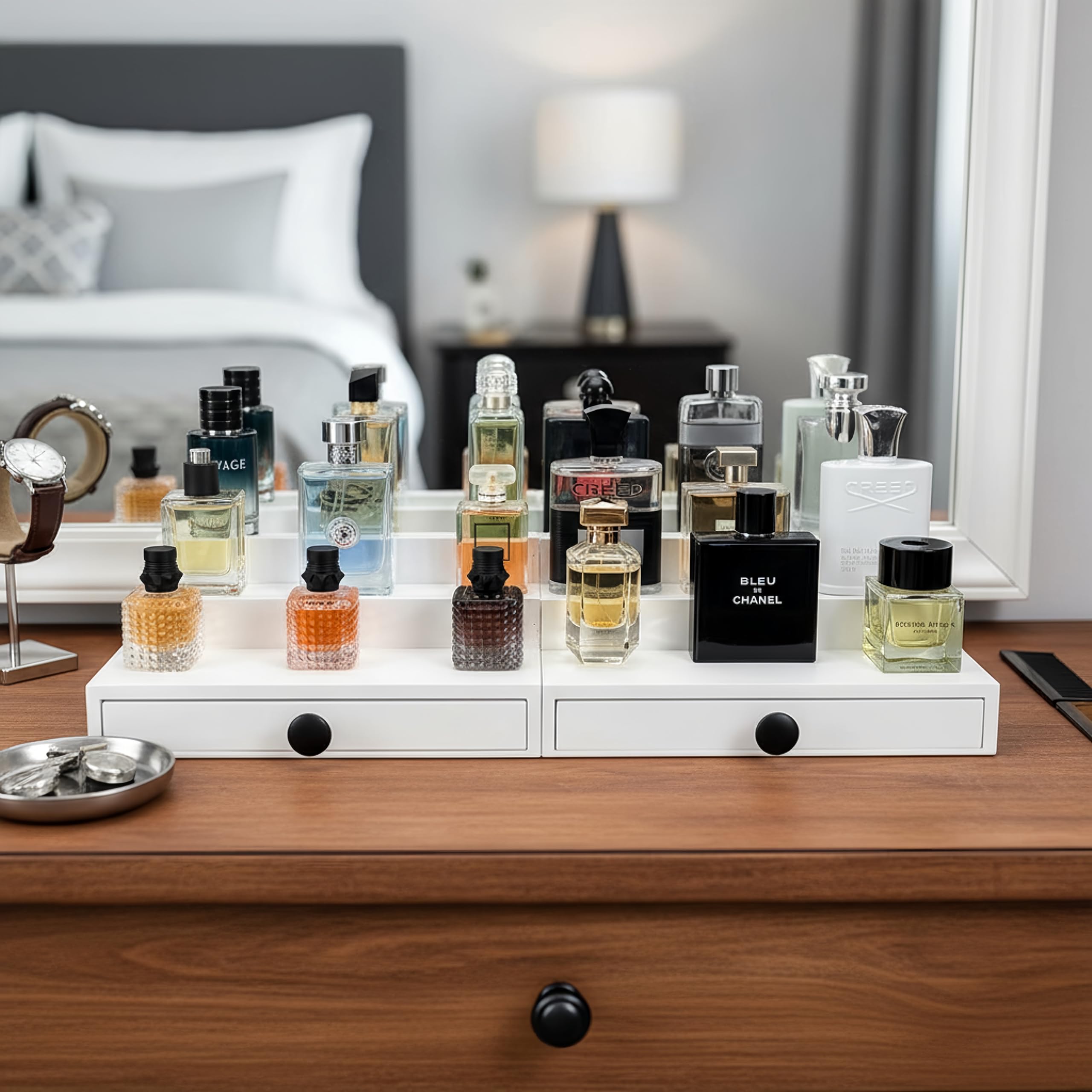 Wooden Cologne Organizer for Men 3 Tier | Black Perfume Holder Shelf for Dresser | High Grade Velvet Lining and Stylish Gift Box | Uncluttered Design Perfume Display Stand