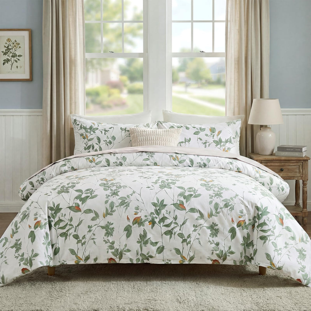 100% Natural Cotton Comforter Set Queen 3 Pcs Grayish Blue Bedding Sets with Luxurious Damask Pattern, Reversible Breathable Soft Comforter Sets for All Season