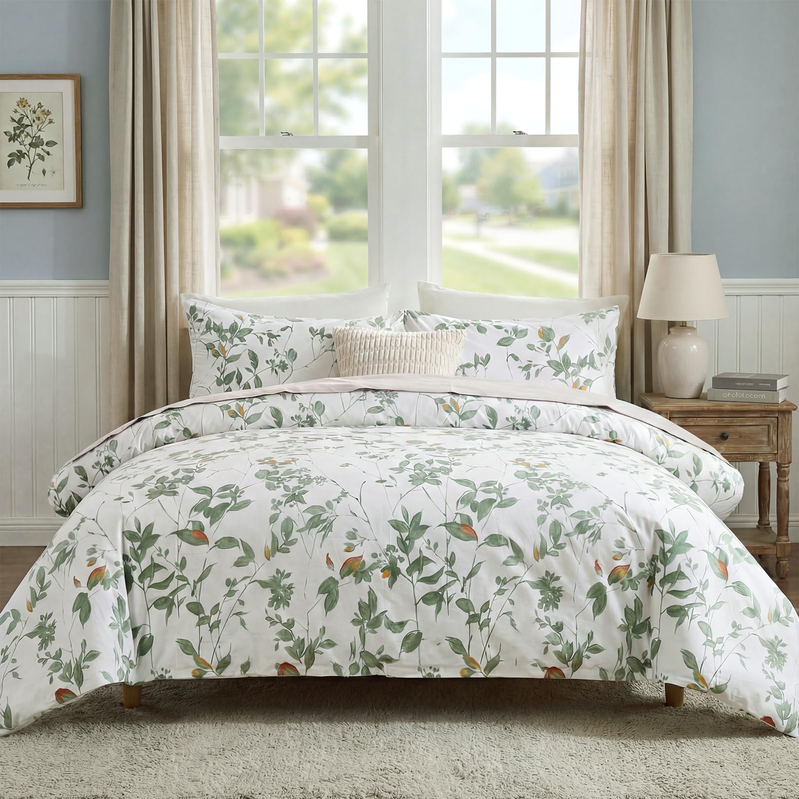 100% Natural Cotton Comforter Set Queen 3 Pcs Grayish Blue Bedding Sets with Luxurious Damask Pattern, Reversible Breathable Soft Comforter Sets for All Season