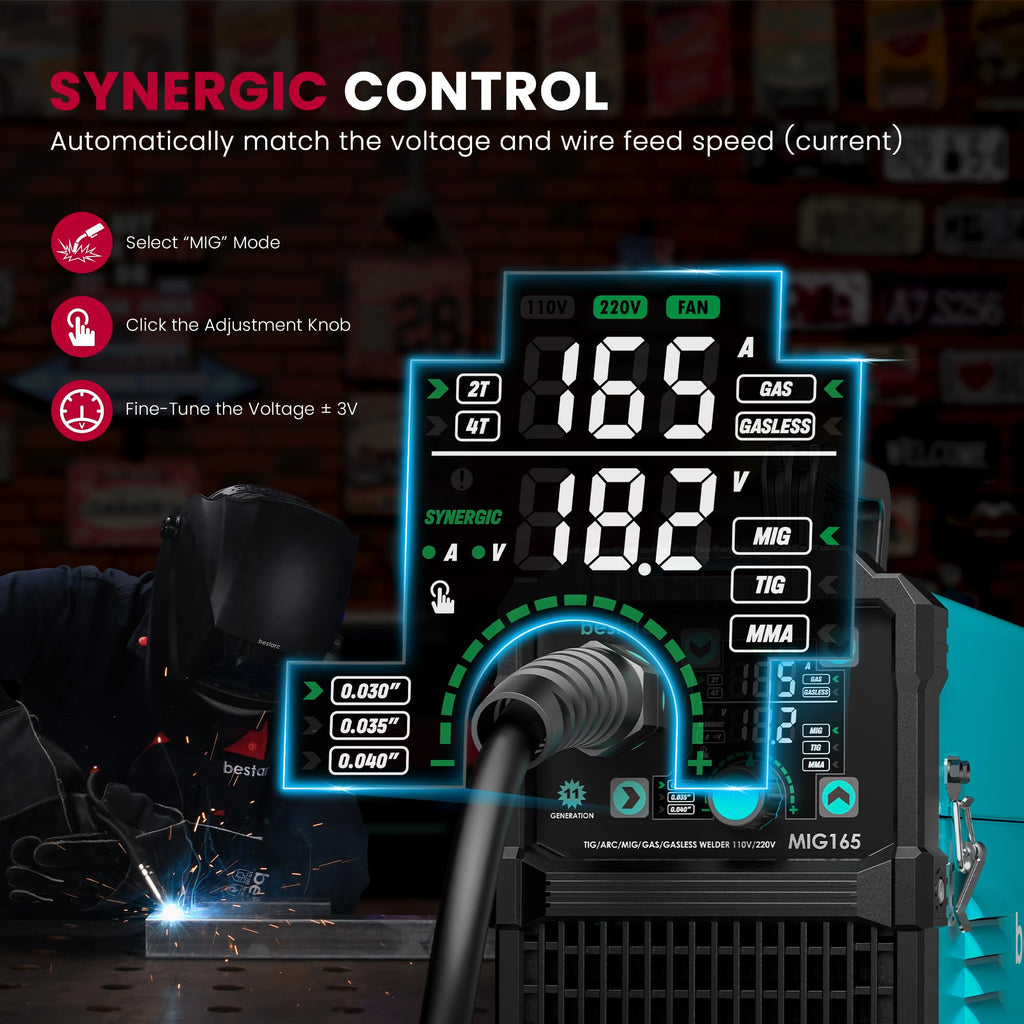 Bestarc 145A MIG Welder, 110V 220V 4 in 1 Gas/Flux Core MIG/Lift TIG/Stick Welder Machine, Large LED Display Welding Machine, IGBT Inverter Welder MIG145 Soild Gasless Synergy MIG Welder