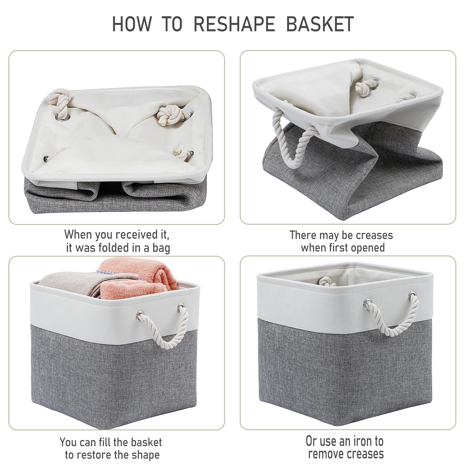 MidmmVick 13 x 13 Inch Cube Storage Bins, 6 Pack Extra Large Collapsible Fabric Storage Bin with Ropes, Foldable Storage Cubes for Home (White & Beige-13"x13"x13")
