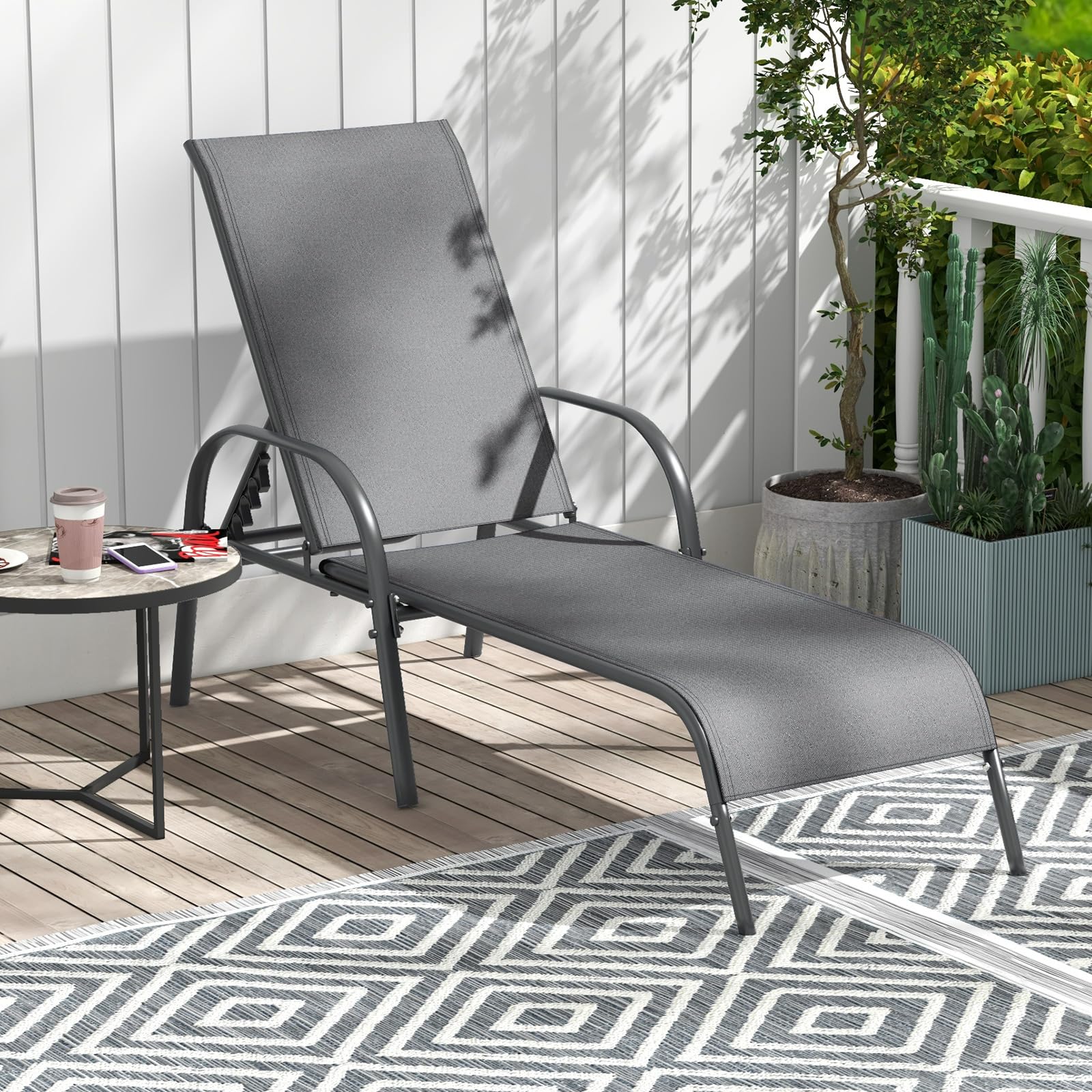 Giantex Patio Lounge Chair, Outdoor Chaise Lounge with 5 Adjustable Backrest, Sturdy Steel Frame, Sunbathing Recliner, Beach Chair, Tanning Chair for Outside, Yard, Balcony, Pool Chairs, Black