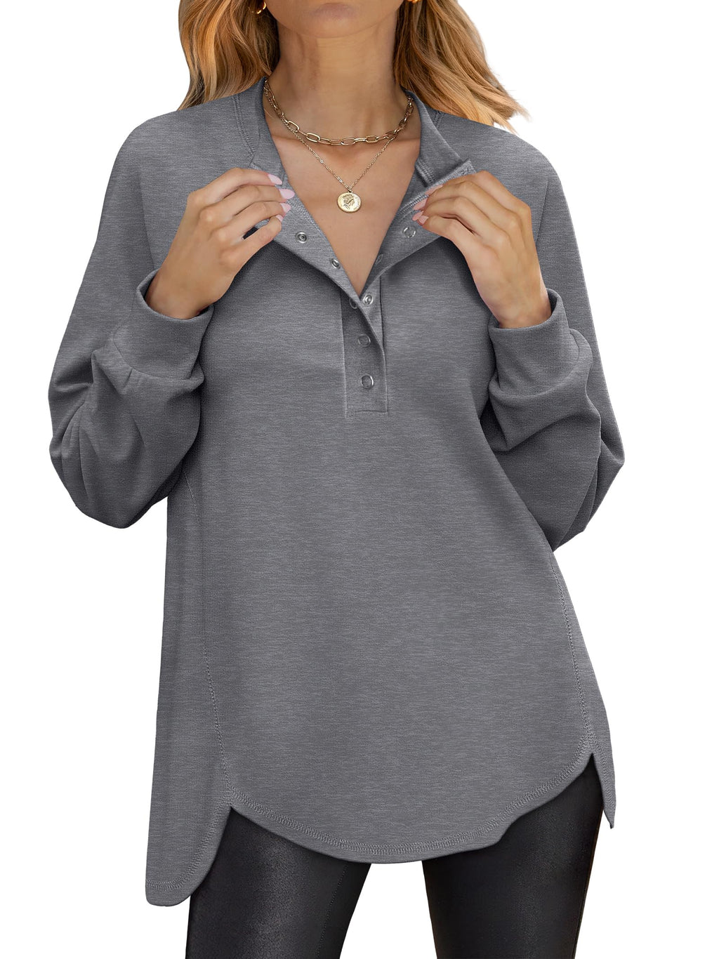 ANRABESS Women's Long Sleeve Henley Oversized Sweatshirts | Button Slit Hem Tunic Tops, Soft Loose Fit Pullover, School Work Office Outfits, Lounge Casual, Fall Winter Clothes
