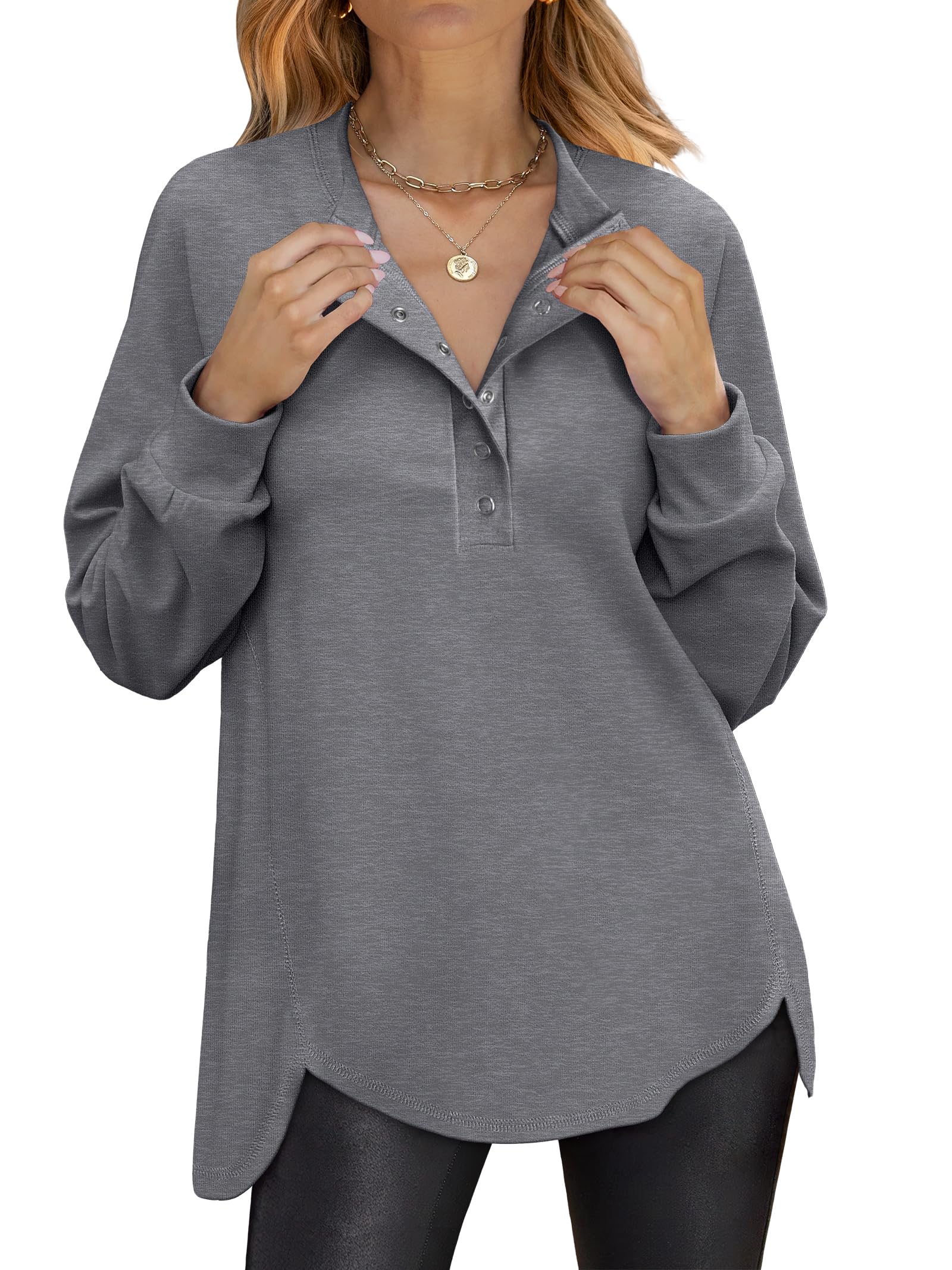ANRABESS Women's Long Sleeve Henley Oversized Sweatshirts | Button Slit Hem Tunic Tops, Soft Loose Fit Pullover, School Work Office Outfits, Lounge Casual, Fall Winter Clothes
