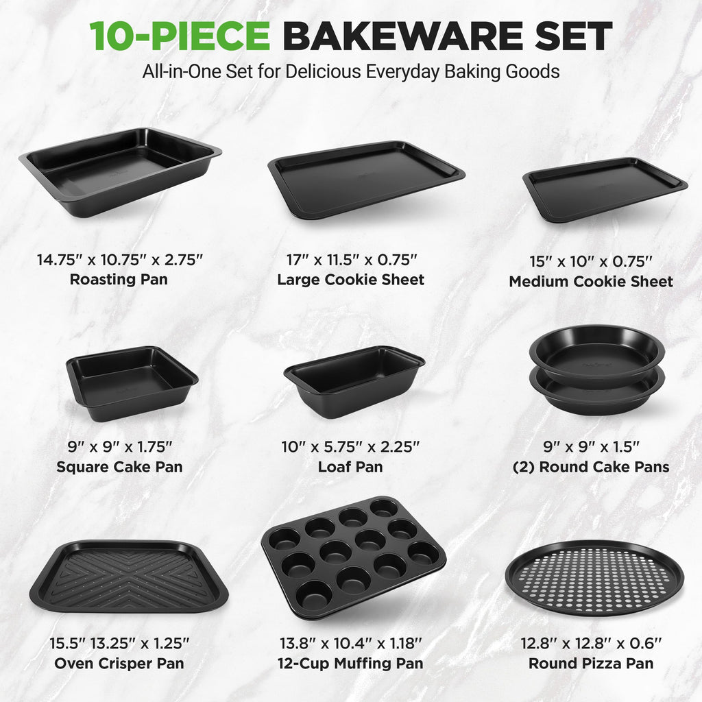NutriChef 10-Piece Non-Stick Baking Set – Heavy-Duty Carbon Steel Bakeware Set w/ Cookie Sheets, Muffin Pan, Roasting Pan, Cake Pan, Baking Tray, Pizza Pan – Effortless Food Release & Easy Cleanup