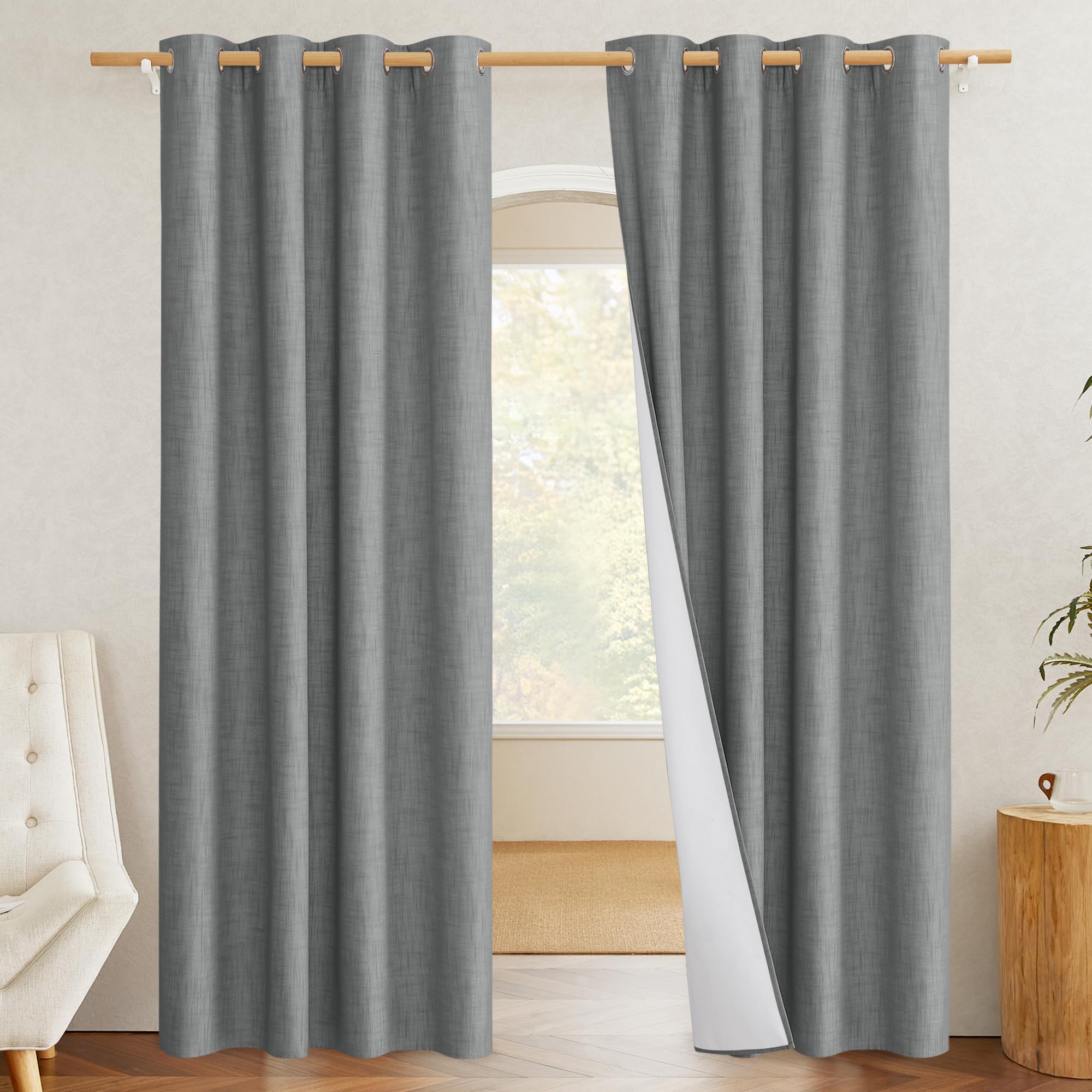 NICETOWN Linen Blackout Curtains for Kitchen, Beige, 2 Panels, 34" Wide x 48" Long, Short Kitchen Burlap Linen 100% Blackout Drape Panels for Night Shift, Great Job for Blocking Light