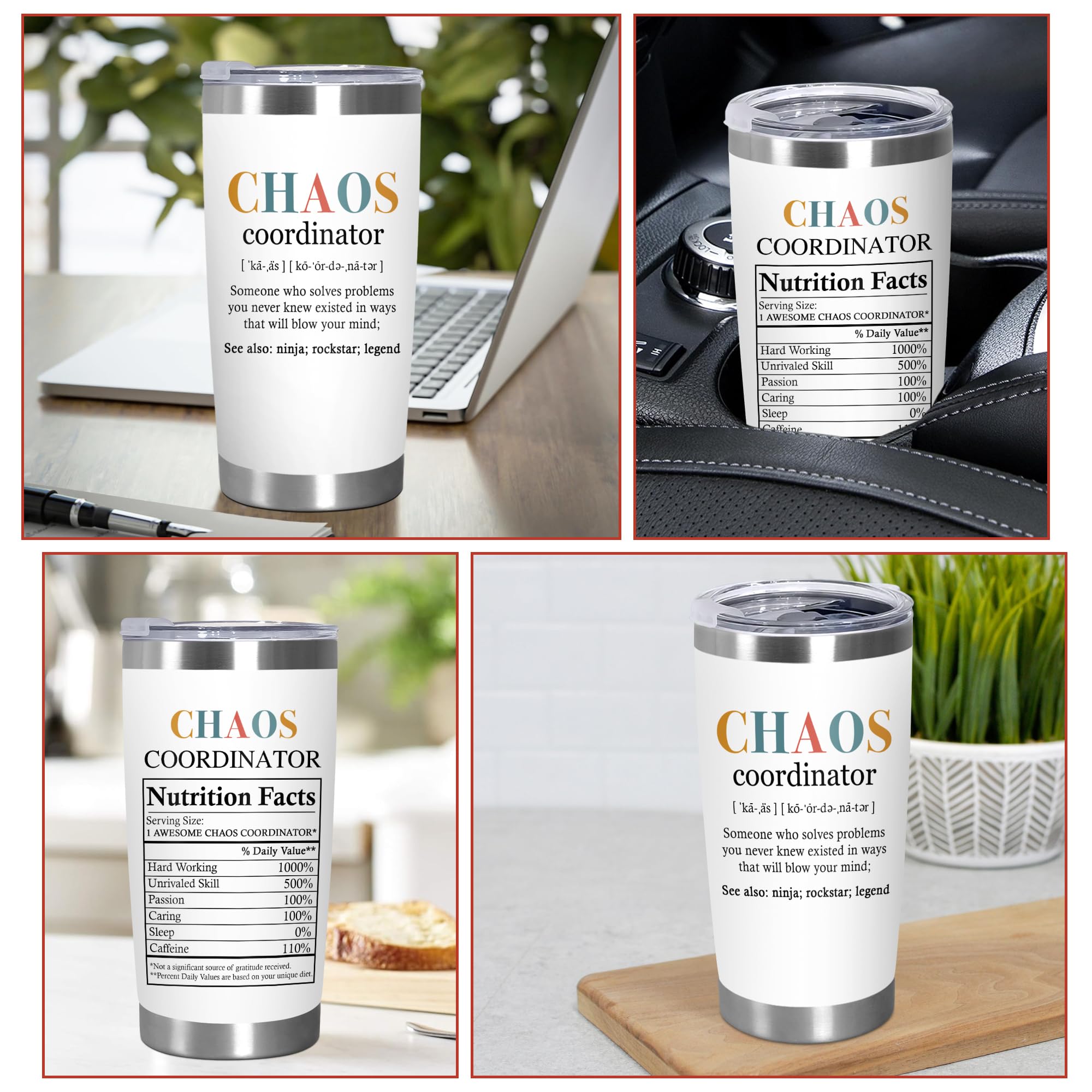 TEEZWONDER Thank You Gifts for Women - Chaos Coordinator 20 oz Stainless Steel Insulated Tumbler with Lid - Employee Appreciation Birthday Gifts for Women Coworkers Boss Teacher Nurse Friend