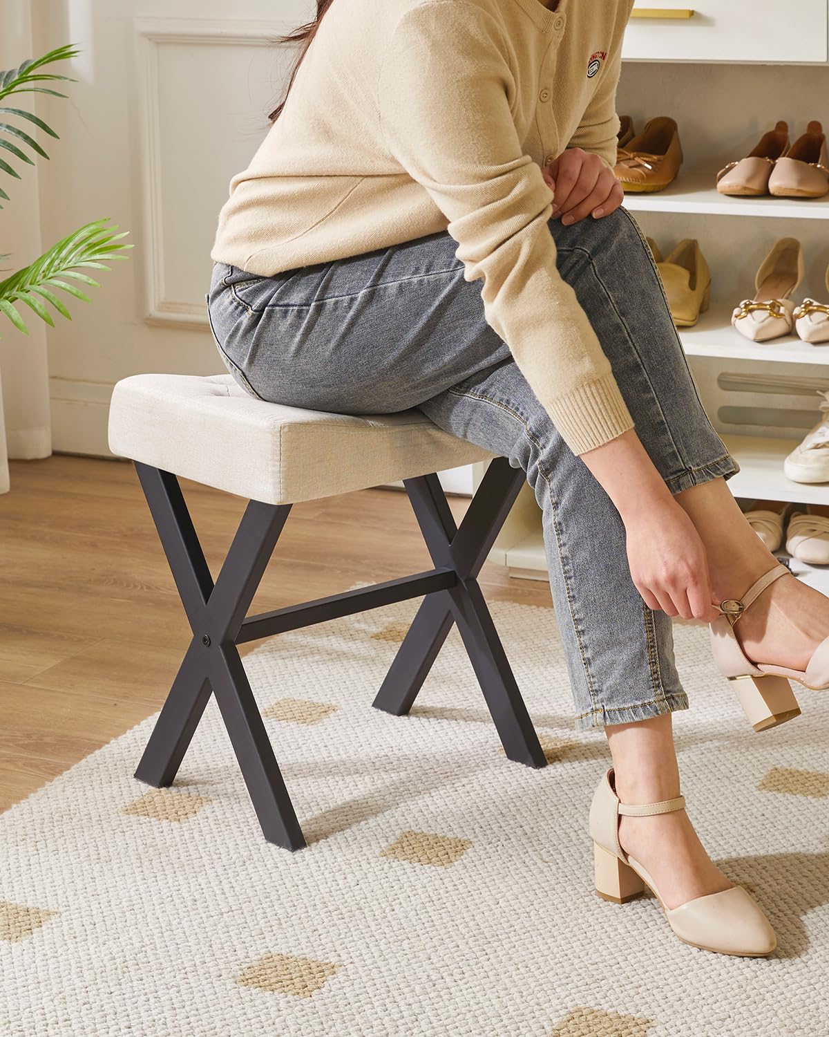 IBUYKE U-Shaped PU Vanity Stool, Square Makeup Chair with X-Leg, Ottoman Seat Footrest Stool, Multi-Use as Small Side Table, for Bedroom, Living Room, Black WBD019B