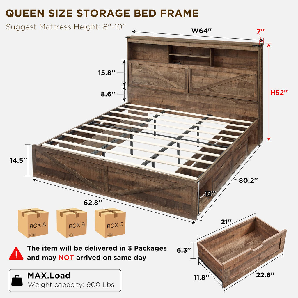ACCOHOHO Queen Size Wood Bed Frame Farmhouse with 52" Tall Storage Bookcase Headboard, LED Light,Charging Station,4 Drawers and Solid Wood Slats Support,Noiseless,No Box Spring Needed - Black
